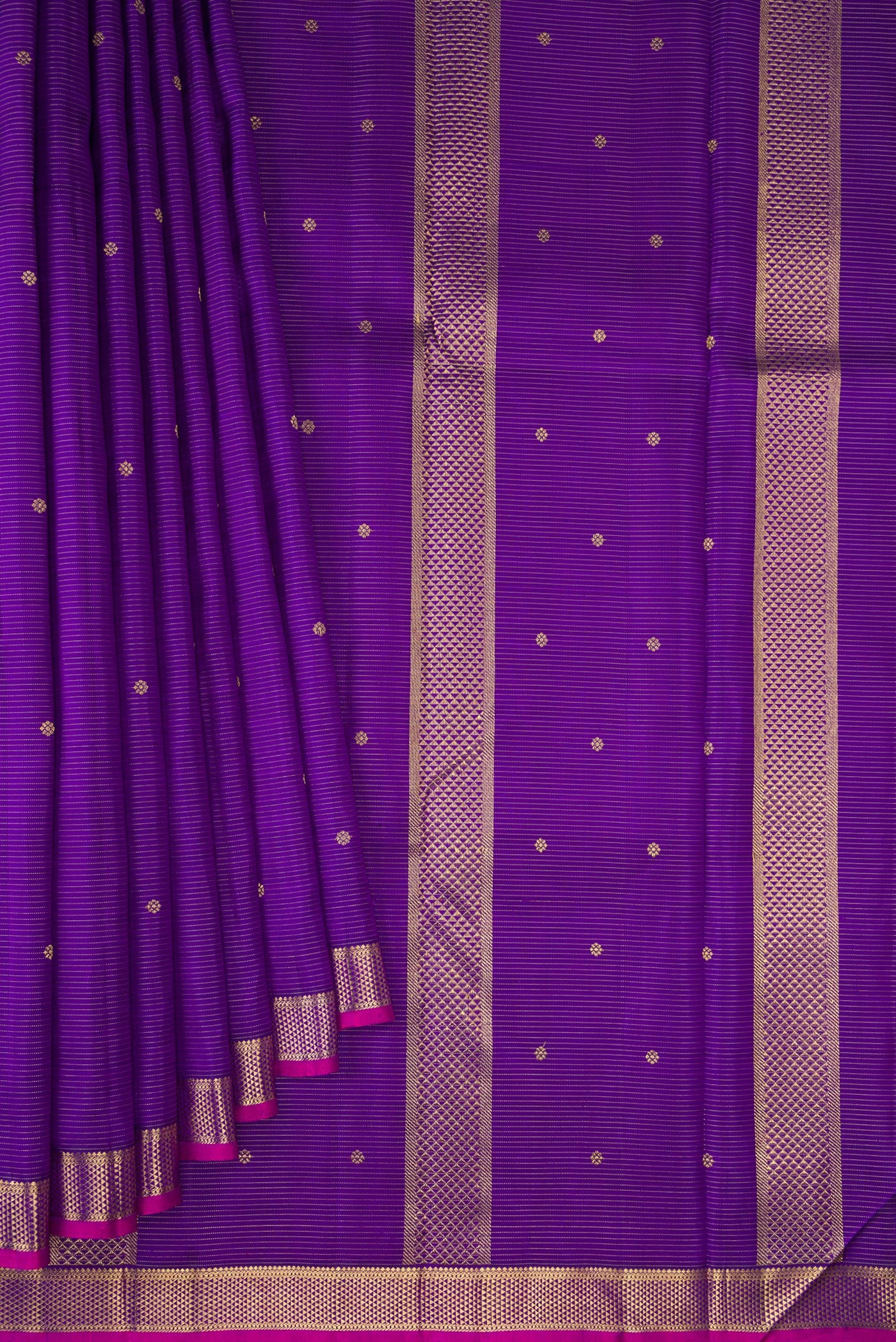 Pleats and pallu of Pure Silk Pure Zari Violet Dual Tone Kanjivaram Saree with Stripes on the body and Zari Border. 