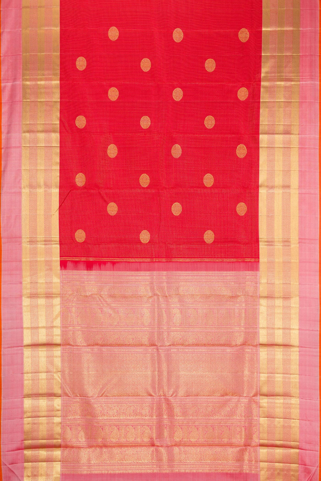 Flat view of Pure Silk Pure Zari Red Dual Tone Kanjivaram Saree with Checked design on the body and Zari Border. 