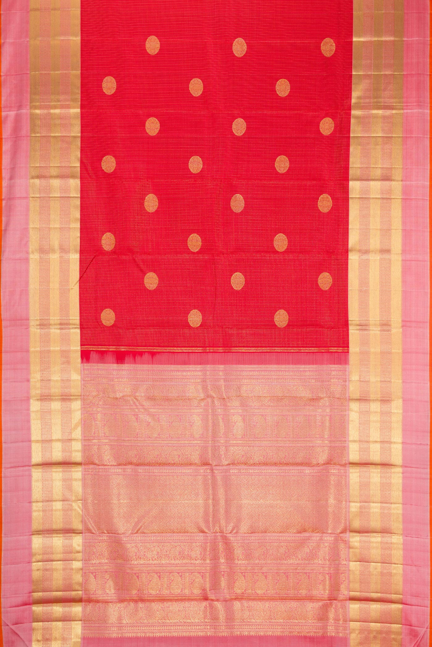 Flat view of Pure Silk Pure Zari Red Dual Tone Kanjivaram Saree with Checked design on the body and Zari Border. 