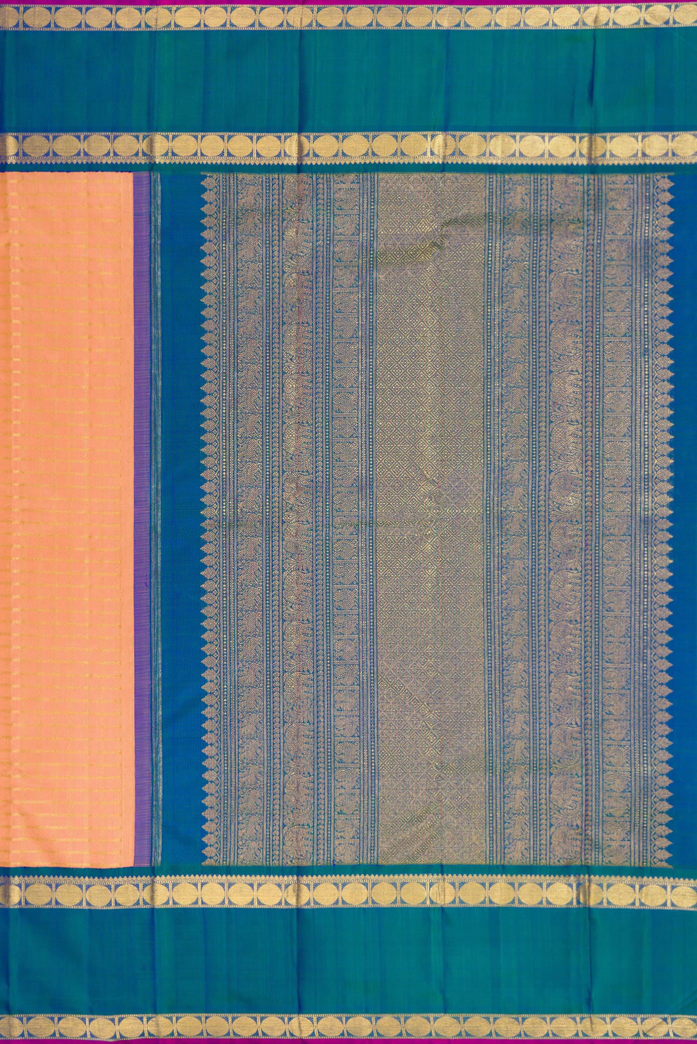 Close up image of the pallu of Pure Silk Pure Zari Golden Peach Dual Tone Kanjivaram Saree with Checked design on the body and Zari Border. 