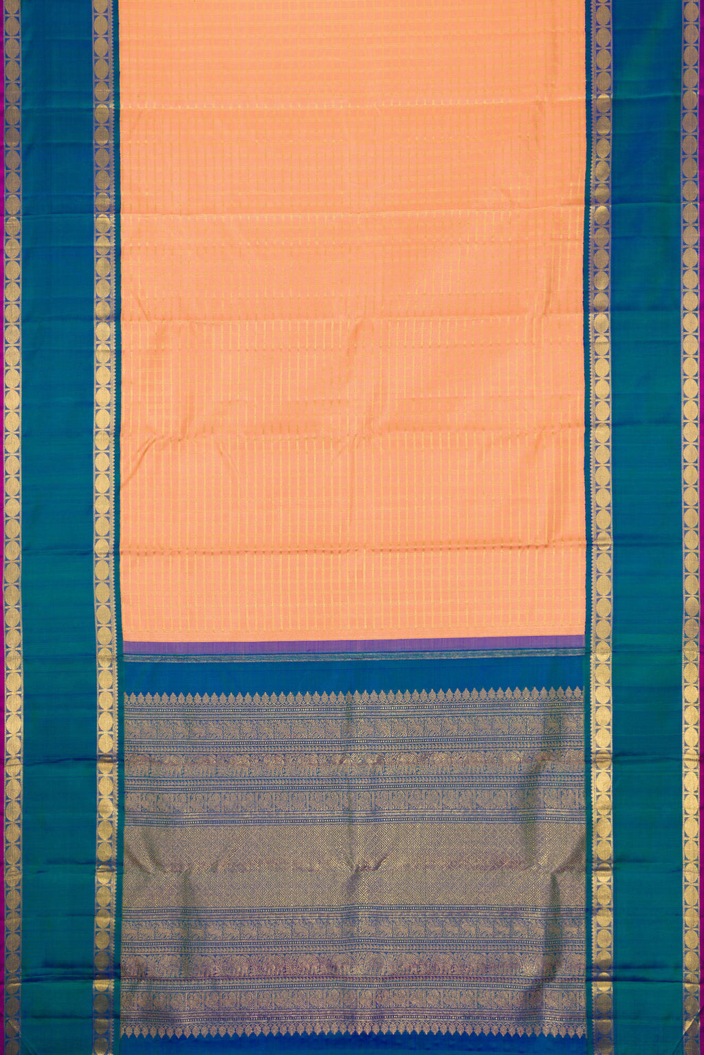 Flat view of Pure Silk Pure Zari Golden Peach Dual Tone Kanjivaram Saree with Checked design on the body and Zari Border. 