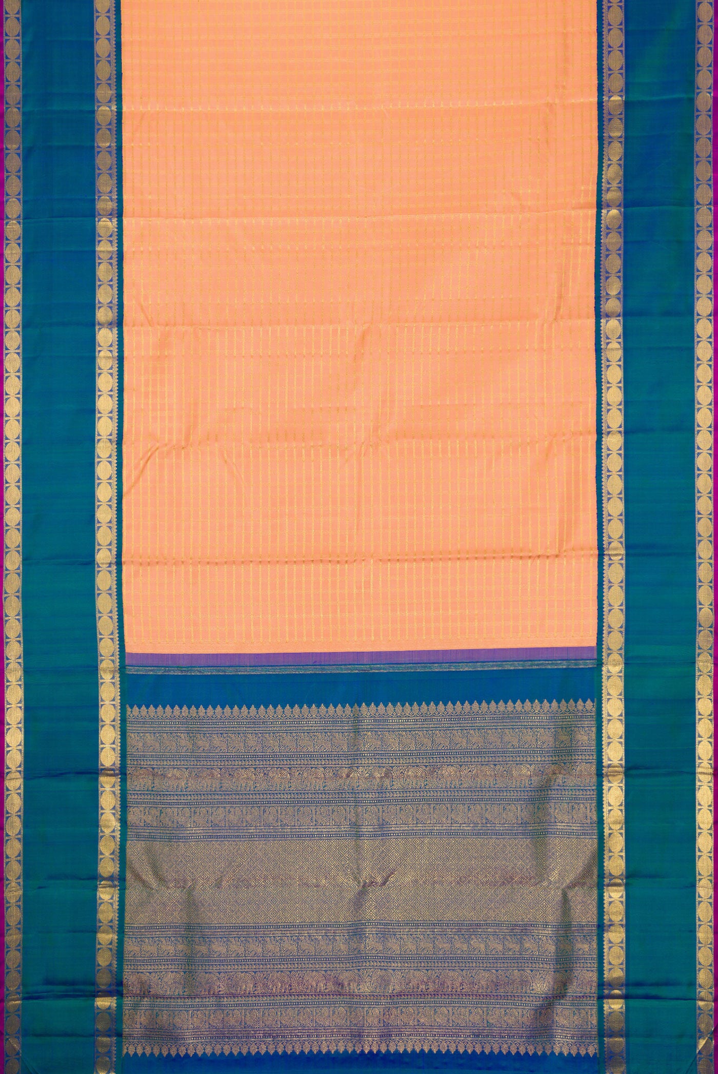 Flat view of Pure Silk Pure Zari Golden Peach Dual Tone Kanjivaram Saree with Checked design on the body and Zari Border. 