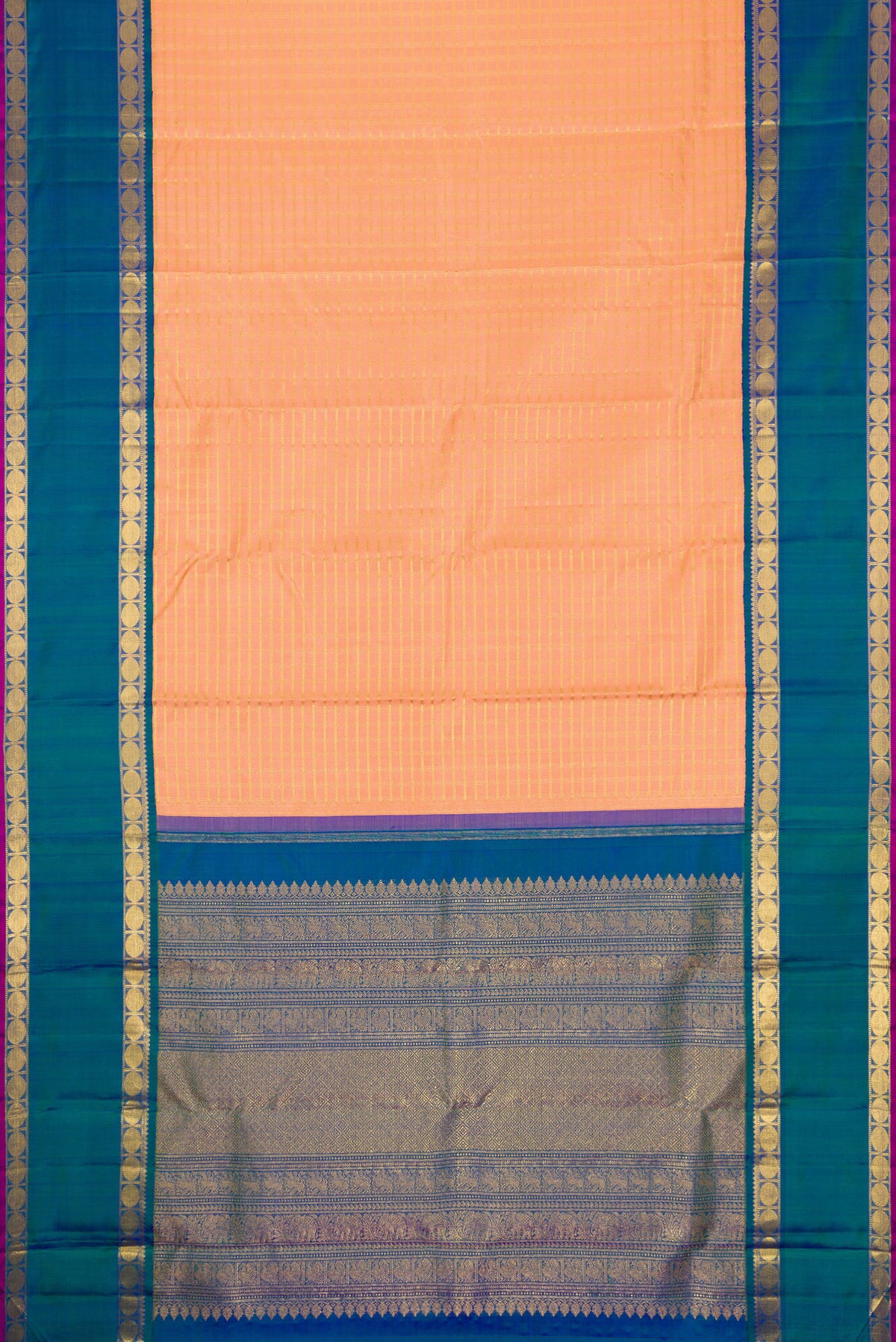 Flat view of Pure Silk Pure Zari Golden Peach Dual Tone Kanjivaram Saree with Checked design on the body and Zari Border. 