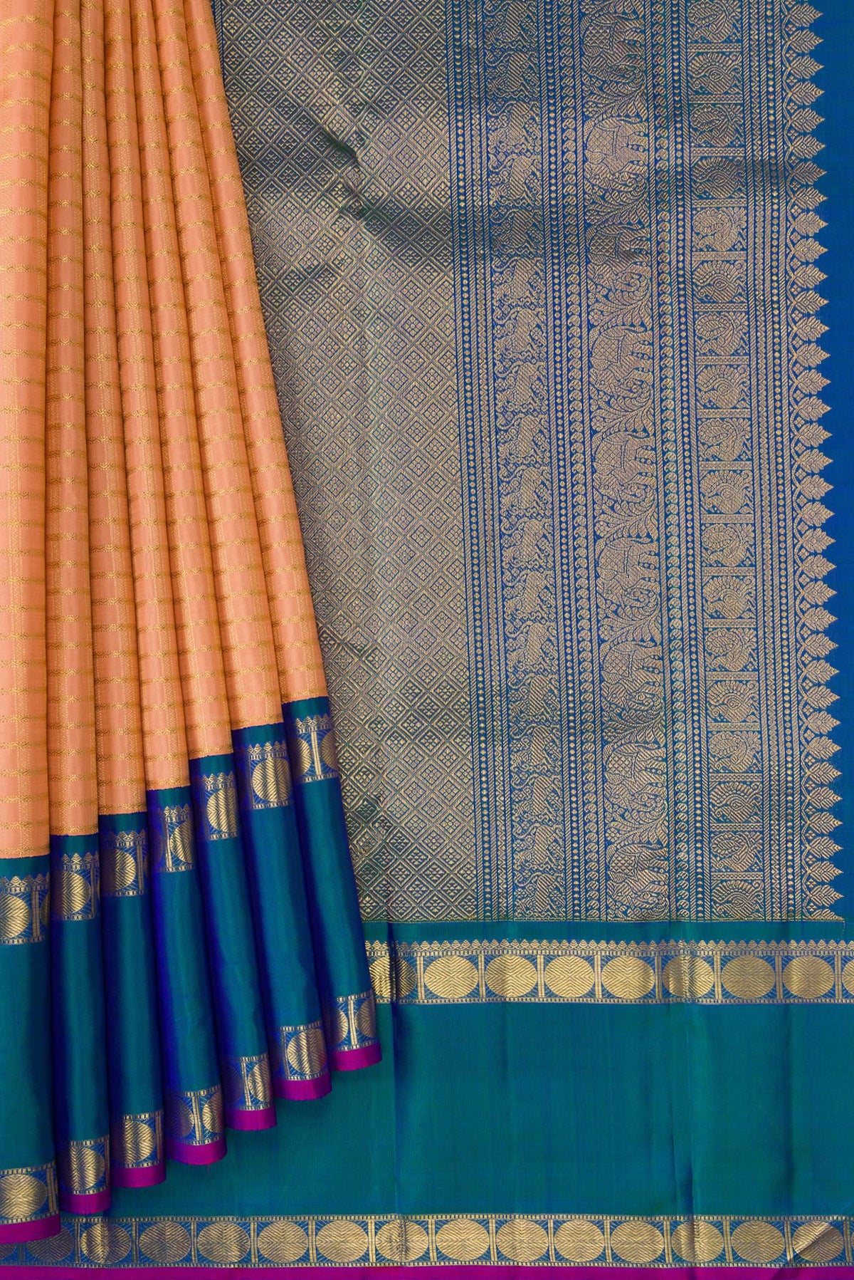 Pleats and pallu of Pure Silk Pure Zari Golden Peach Dual Tone Kanjivaram Saree with Checked design on the body and Zari Border. 