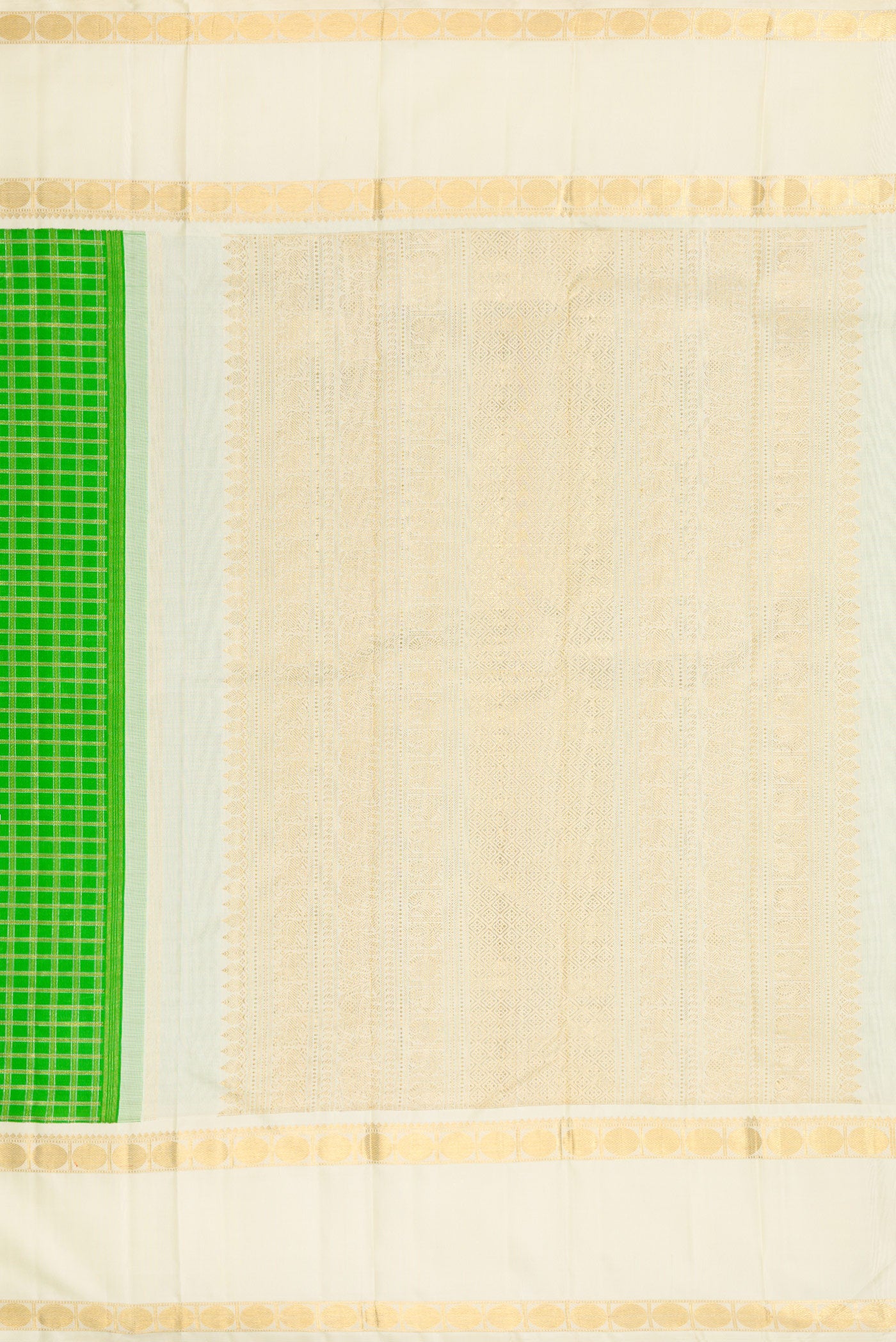 Close up image of the pallu of Pure Silk Pure Zari Parrot Green Dual Tone Kanjivaram Saree with Checked design on the body and Zari Border. 