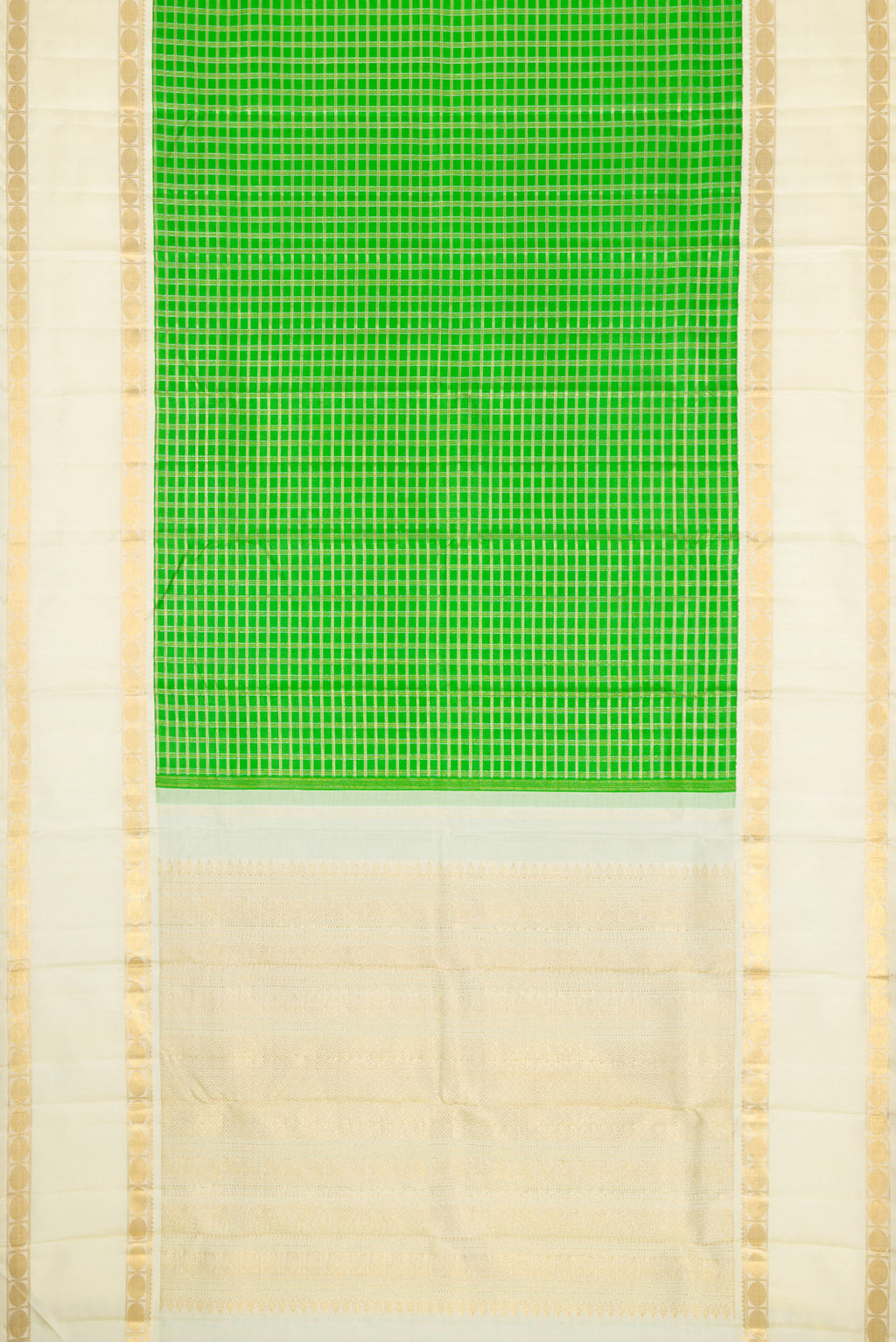 Flat view of Pure Silk Pure Zari Parrot Green Dual Tone Kanjivaram Saree with Checked design on the body and Zari Border. 