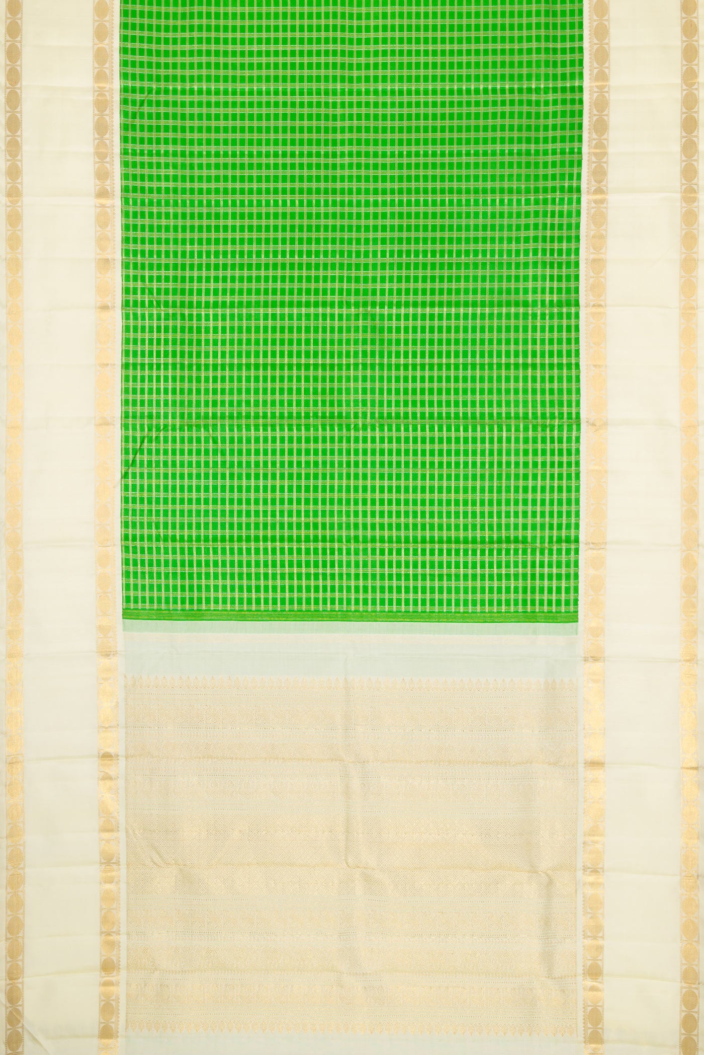 Flat view of Pure Silk Pure Zari Parrot Green Dual Tone Kanjivaram Saree with Checked design on the body and Zari Border. 