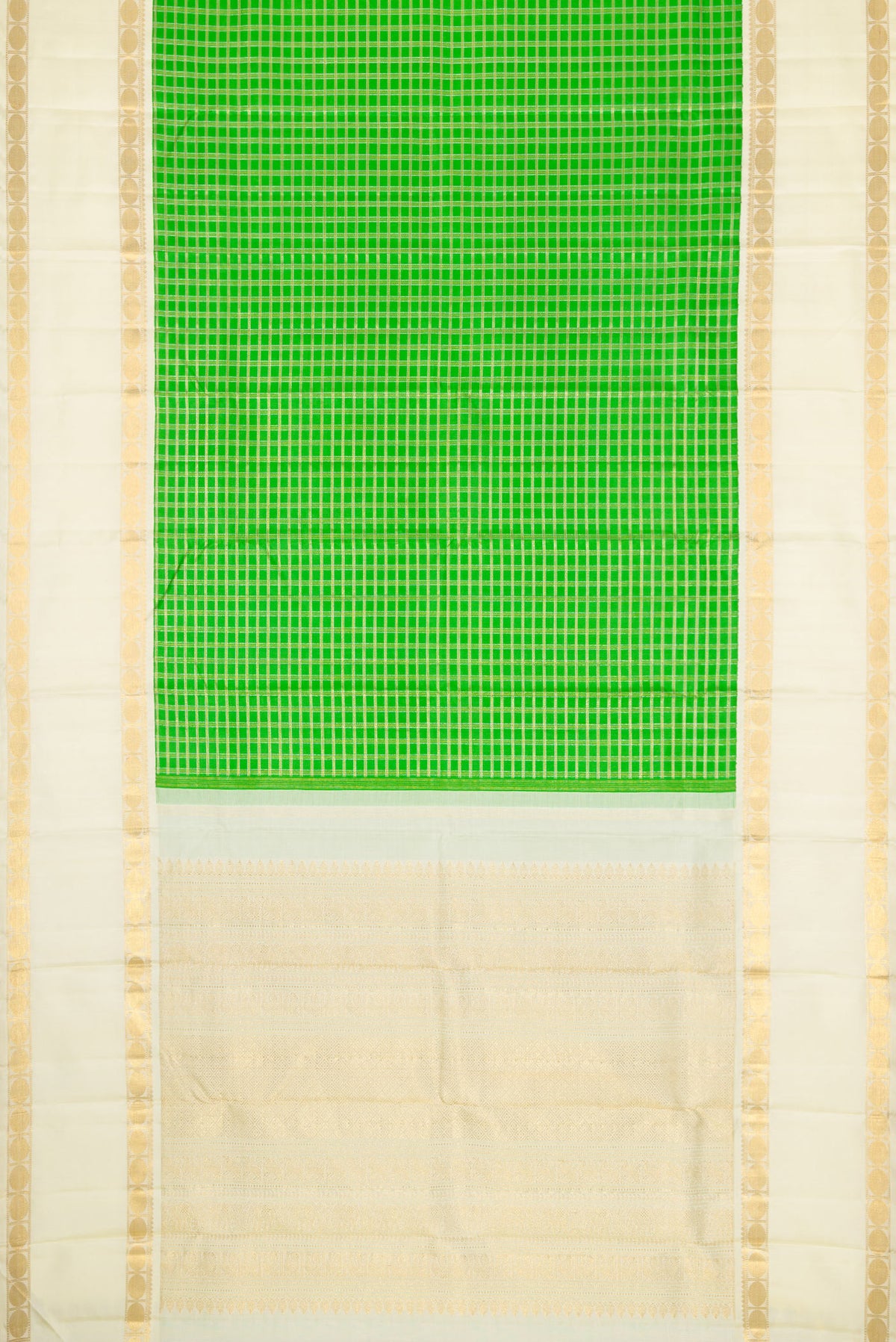 Flat view of Pure Silk Pure Zari Parrot Green Dual Tone Kanjivaram Saree with Checked design on the body and Zari Border. 