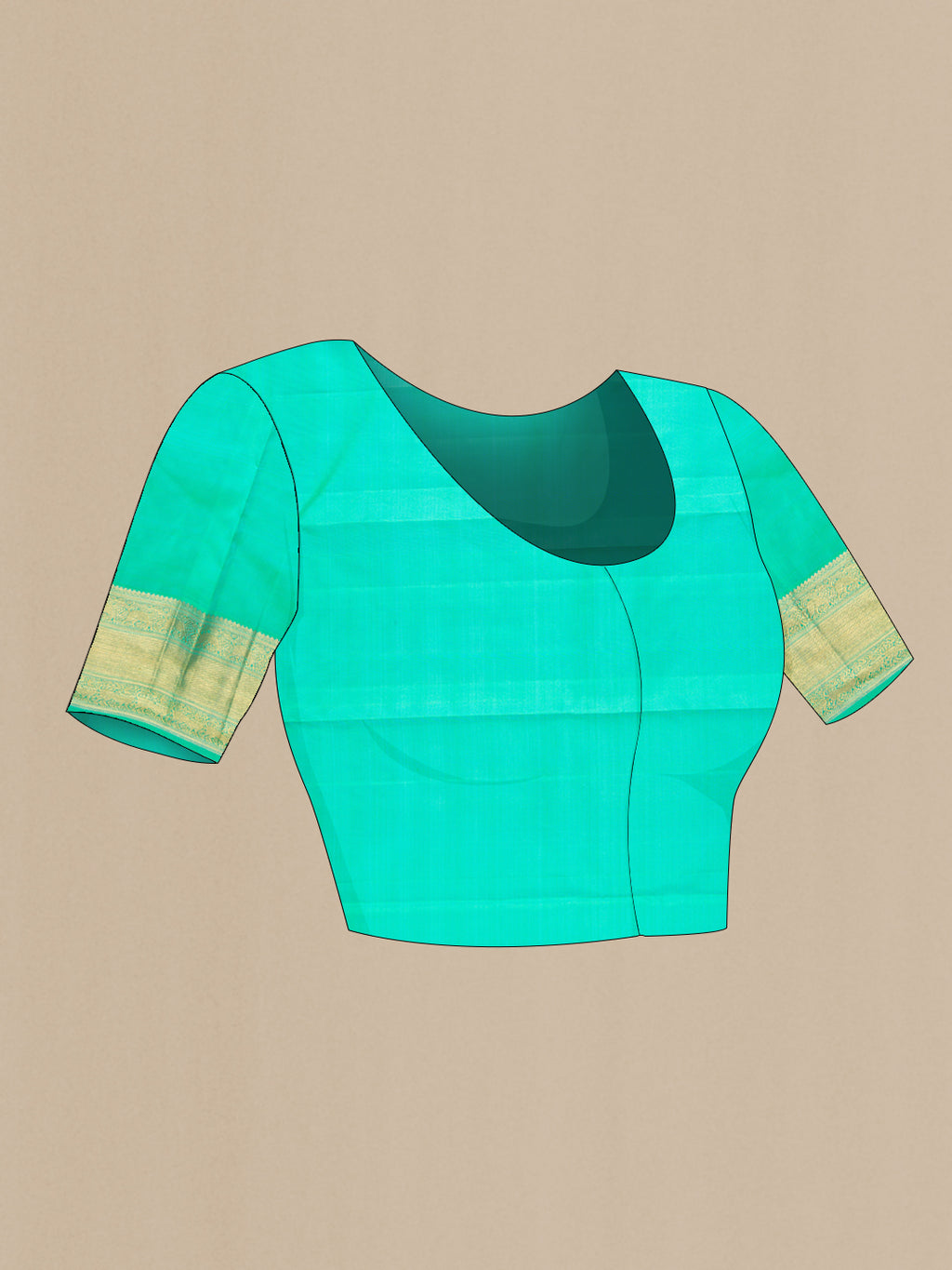 Close up image of the blouse of Pure Silk Pure Zari Sea Green Dual Tone Kanjivaram Saree with Zari Brocade on the body and Zari Border. 