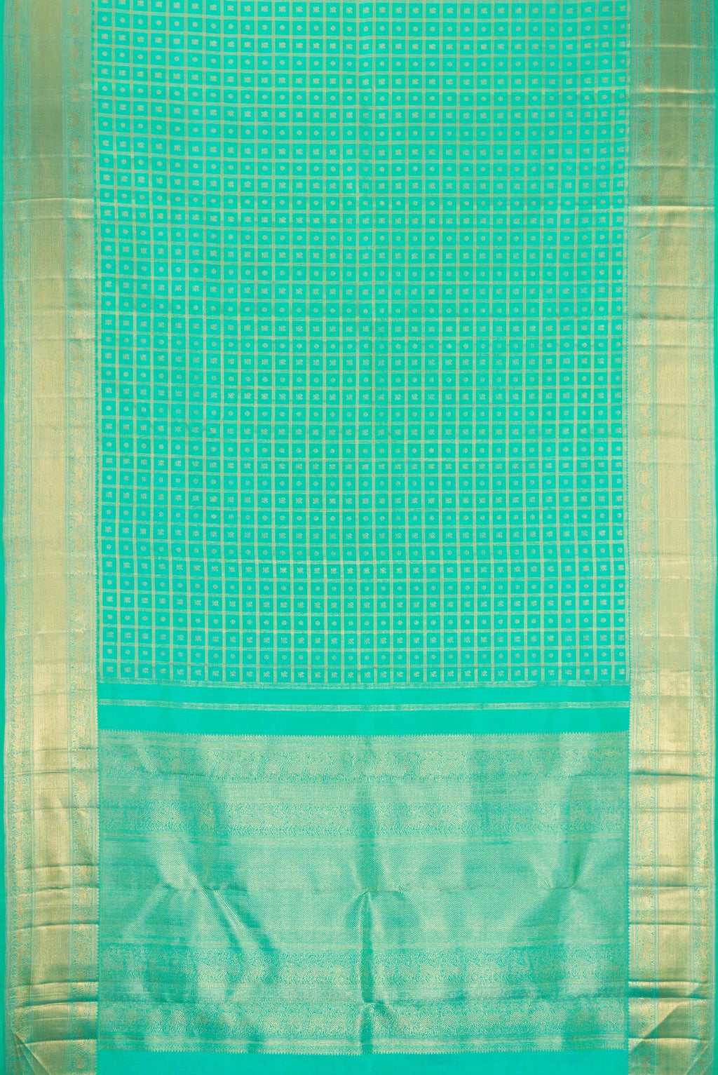 Flat view of Pure Silk Pure Zari Sea Green Dual Tone Kanjivaram Saree with Zari Brocade on the body and Zari Border. 