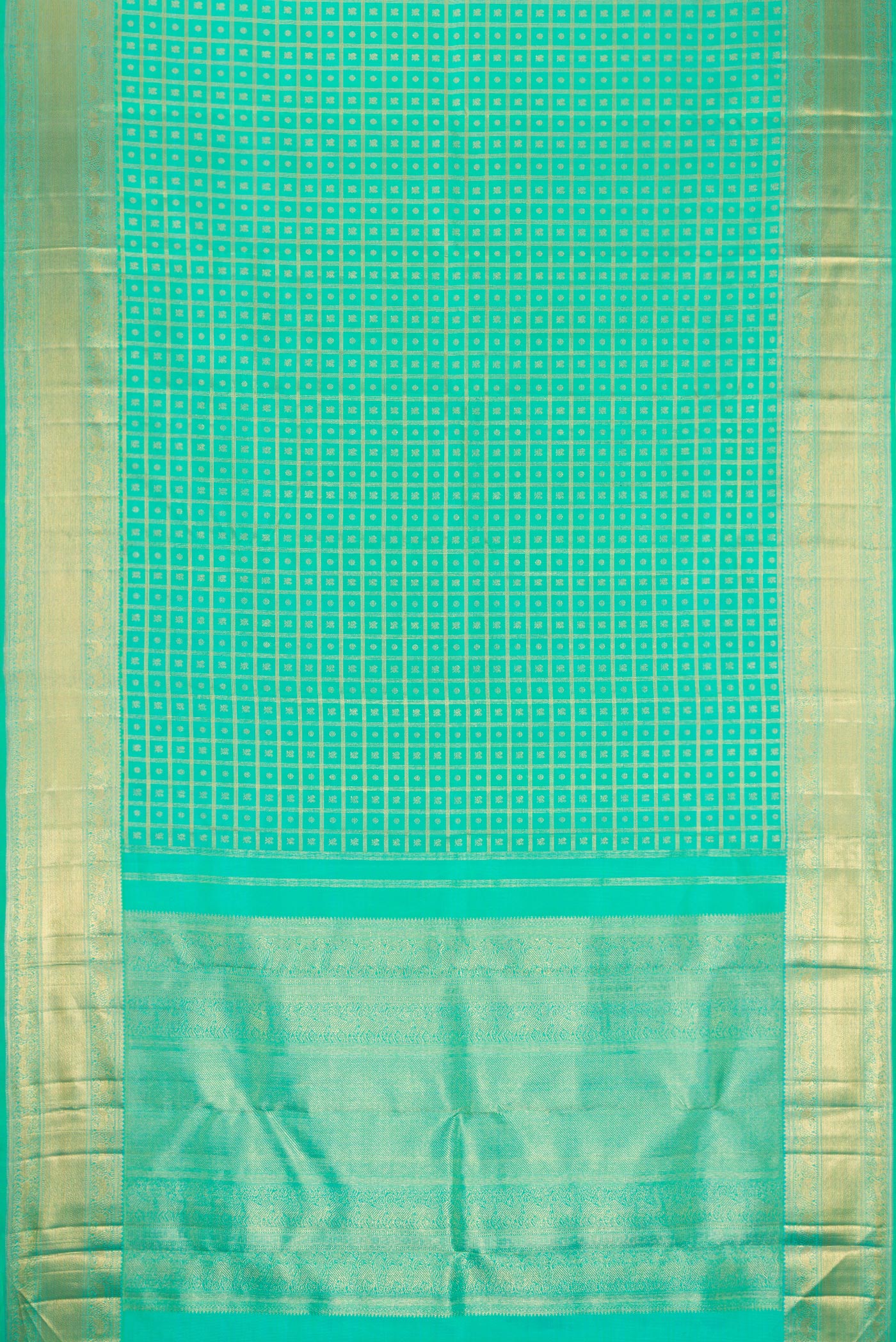 Flat view of Pure Silk Pure Zari Sea Green Dual Tone Kanjivaram Saree with Zari Brocade on the body and Zari Border. 