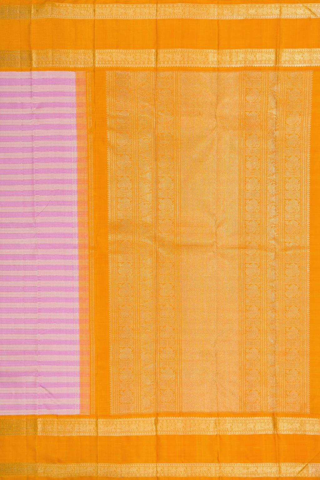 Close up image of the pallu of Pure Silk Pure Zari Lavender Kanjivaram Saree with Stripes on the body and Zari Border. 