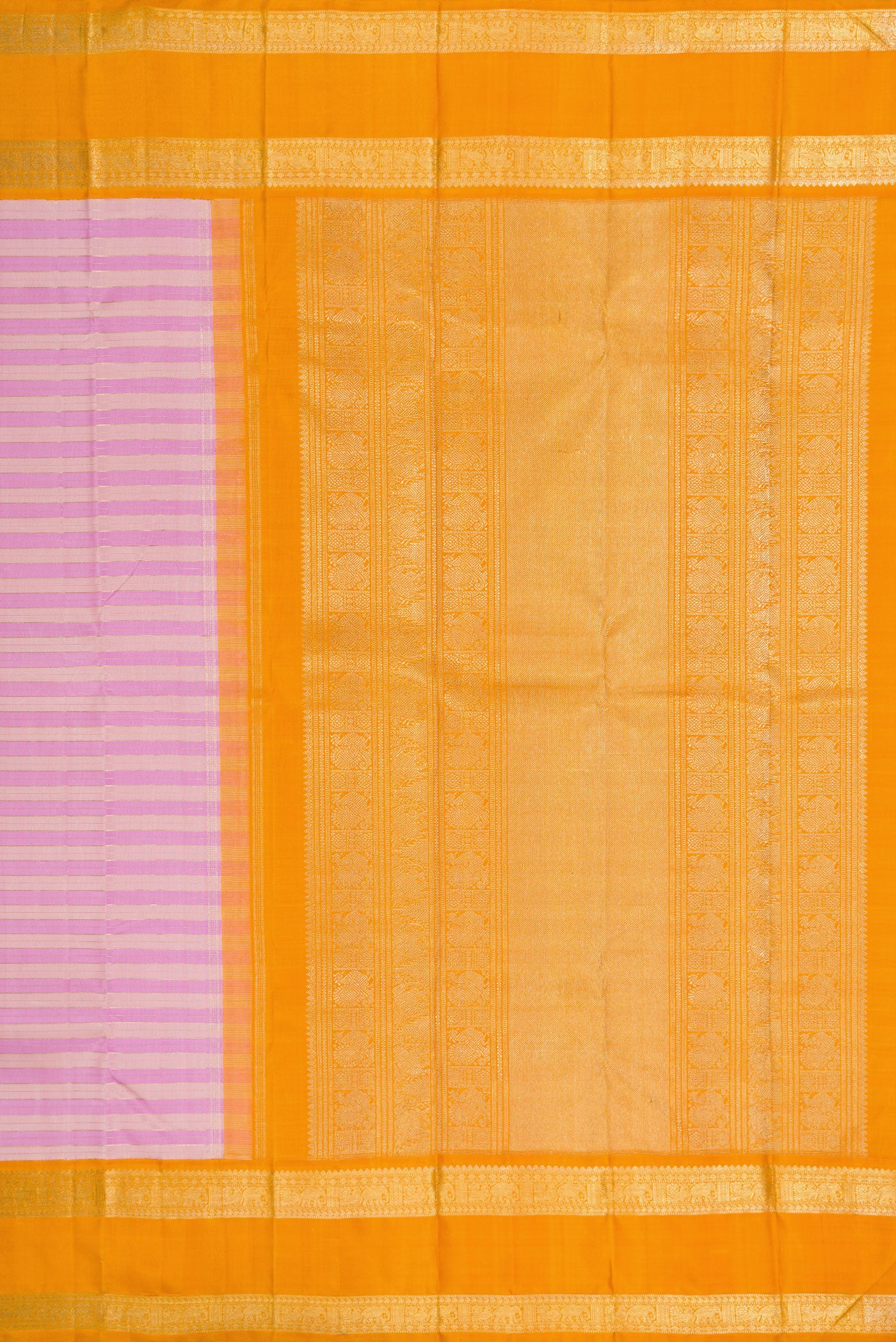 Close up image of the pallu of Pure Silk Pure Zari Lavender Kanjivaram Saree with Stripes on the body and Zari Border. 
