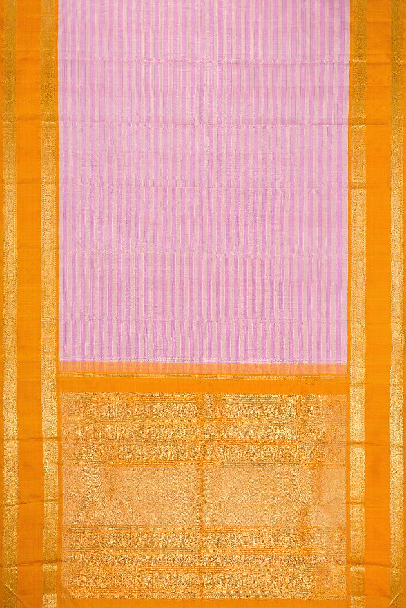 Flat view of Pure Silk Pure Zari Lavender Kanjivaram Saree with Stripes on the body and Zari Border. 