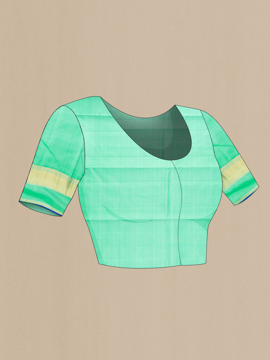 Close up image of the blouse of Pure Silk Pure Zari Sea Green Dual Tone Kanjivaram Saree with Checked design on the body and Zari Border. 