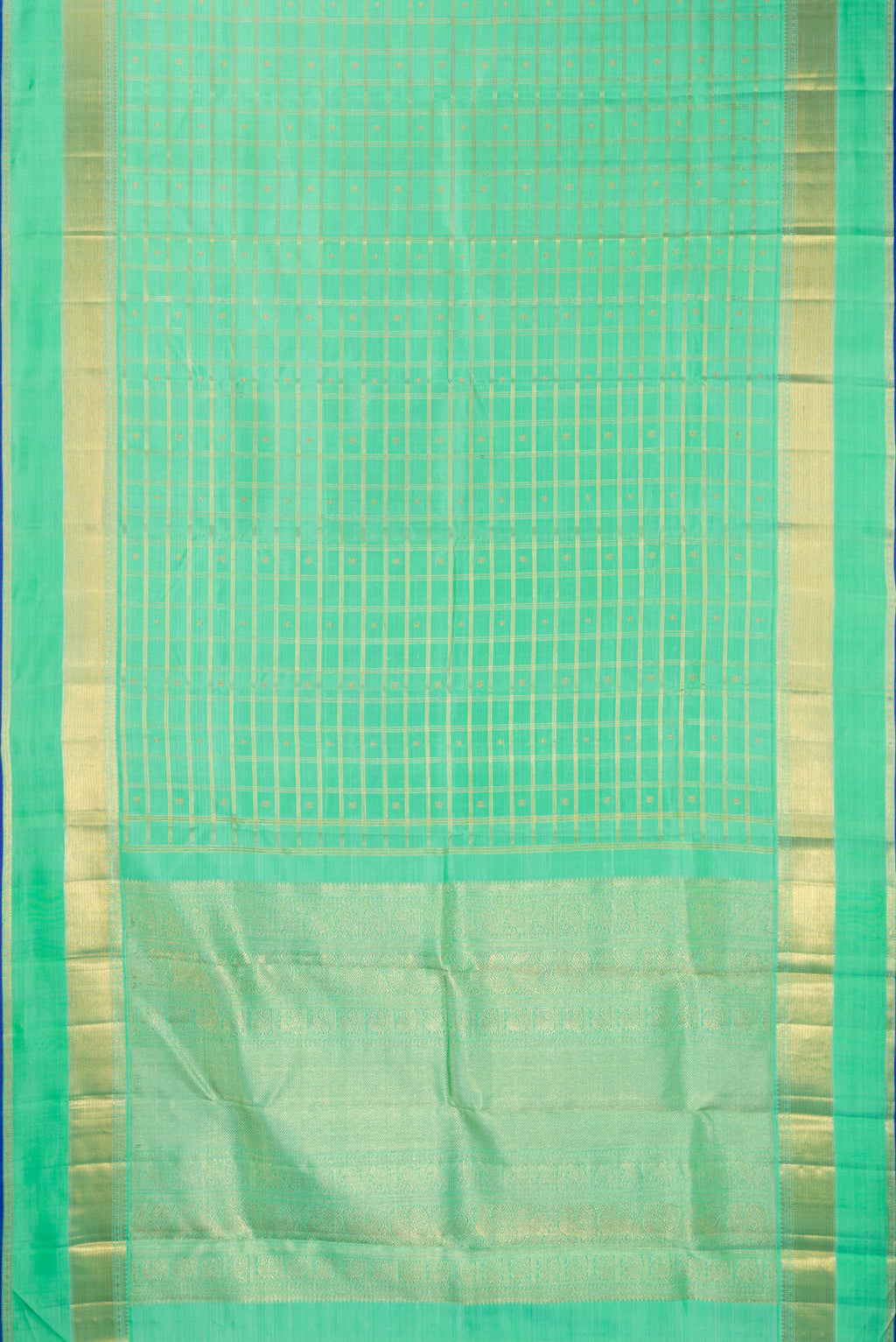 Flat view of Pure Silk Pure Zari Sea Green Dual Tone Kanjivaram Saree with Checked design on the body and Zari Border. 