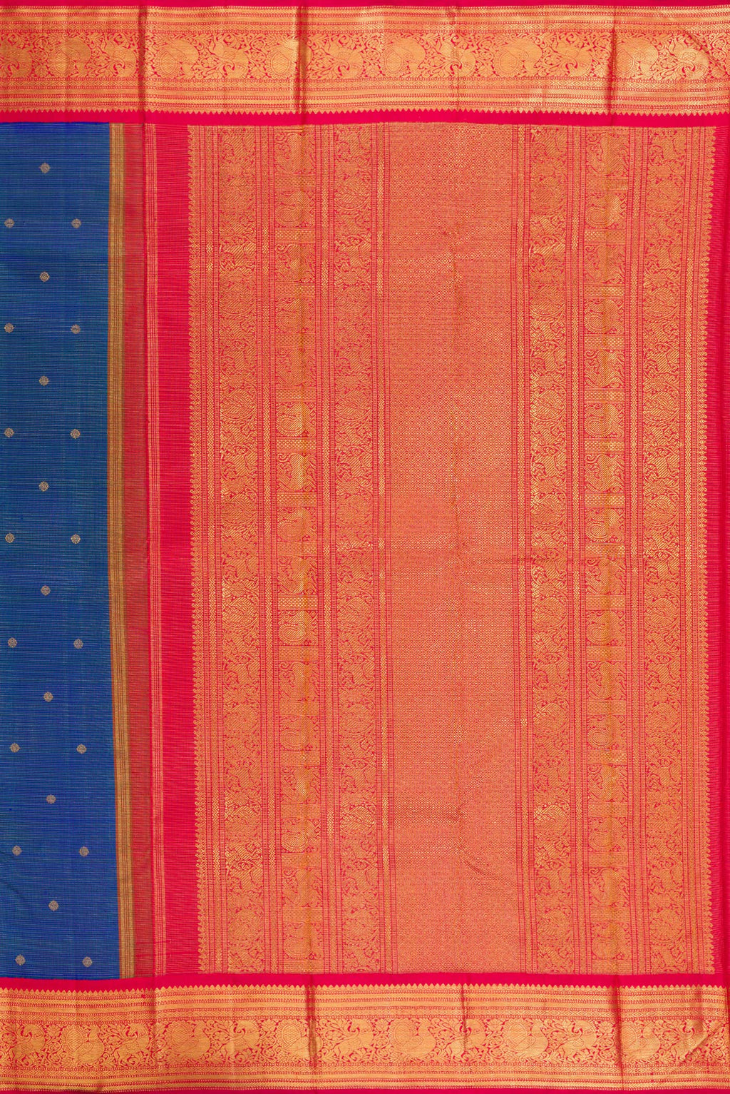 Close up image of the pallu of Pure Silk Pure Zari Peacock Blue Dual Tone Kanjivaram Saree with Zari Butta on the body and Zari Border. 