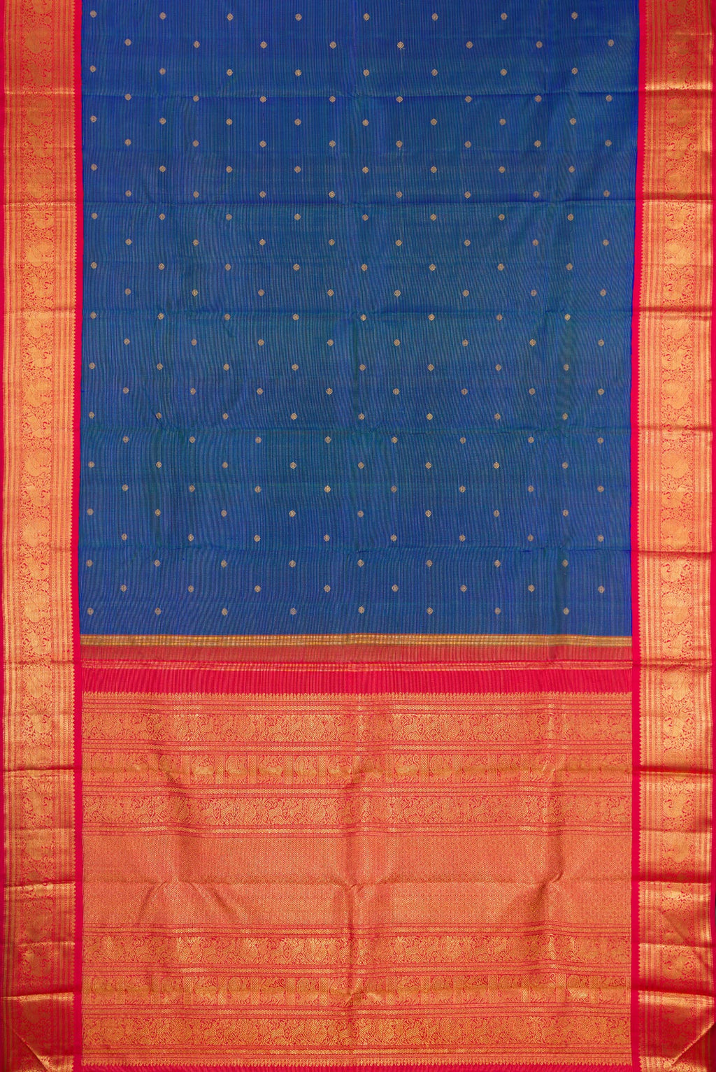 Flat view of Pure Silk Pure Zari Peacock Blue Dual Tone Kanjivaram Saree with Zari Butta on the body and Zari Border. 
