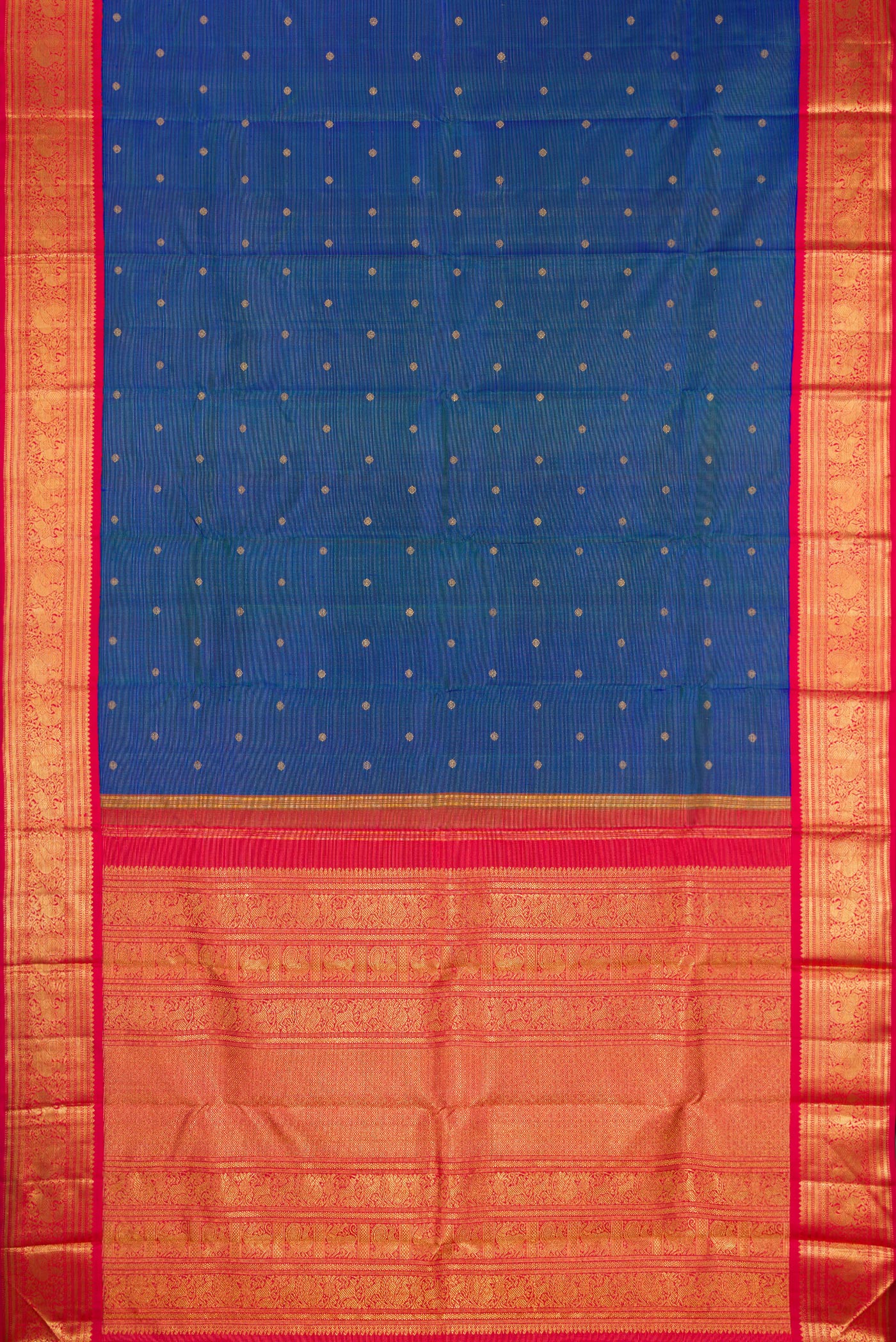 Flat view of Pure Silk Pure Zari Peacock Blue Dual Tone Kanjivaram Saree with Zari Butta on the body and Zari Border. 