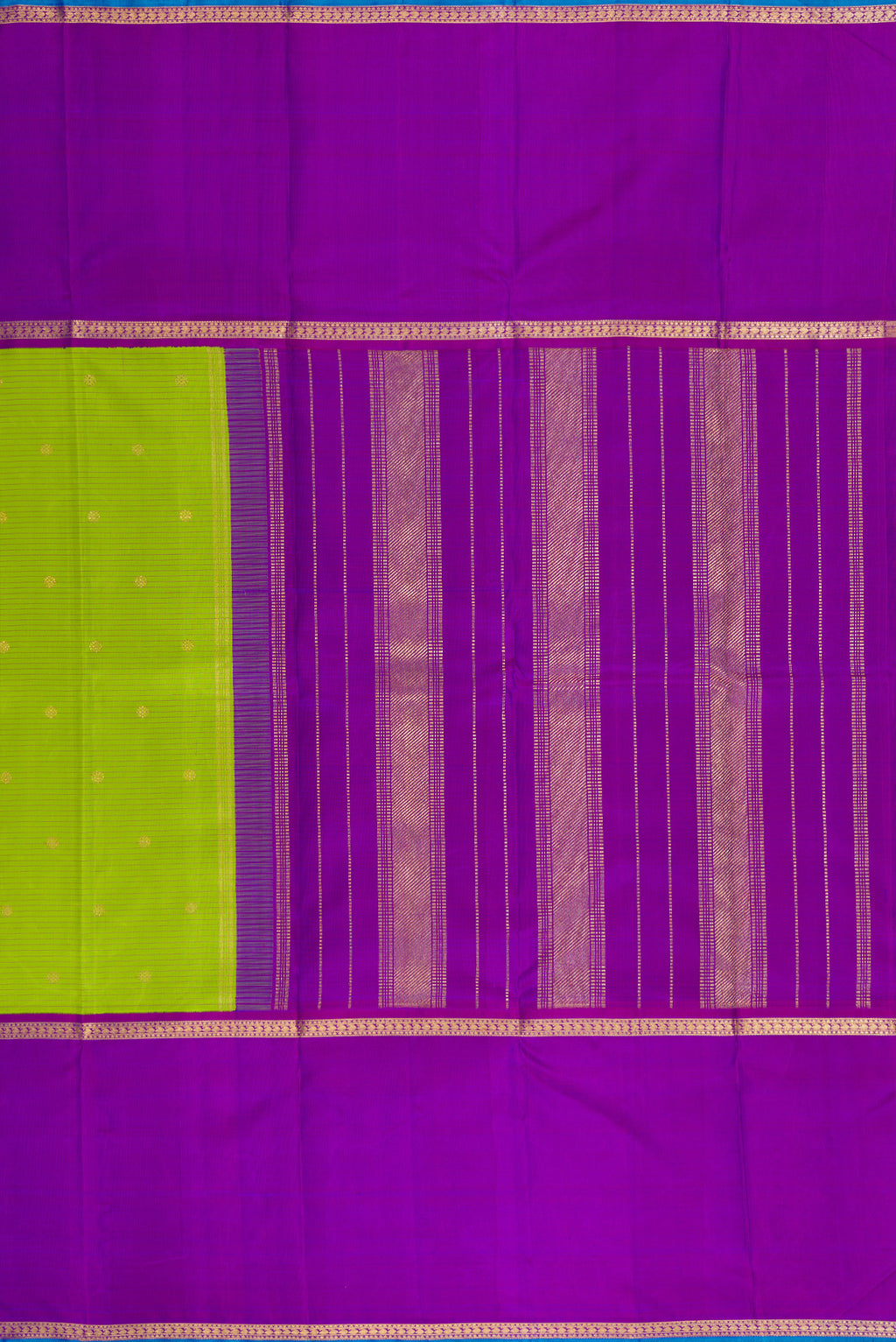 Close up image of the pallu of Pure Silk Pure Zari Parrot Green Dual Tone Kanchipuram Saree with Stripes on the body and Zari Border. 