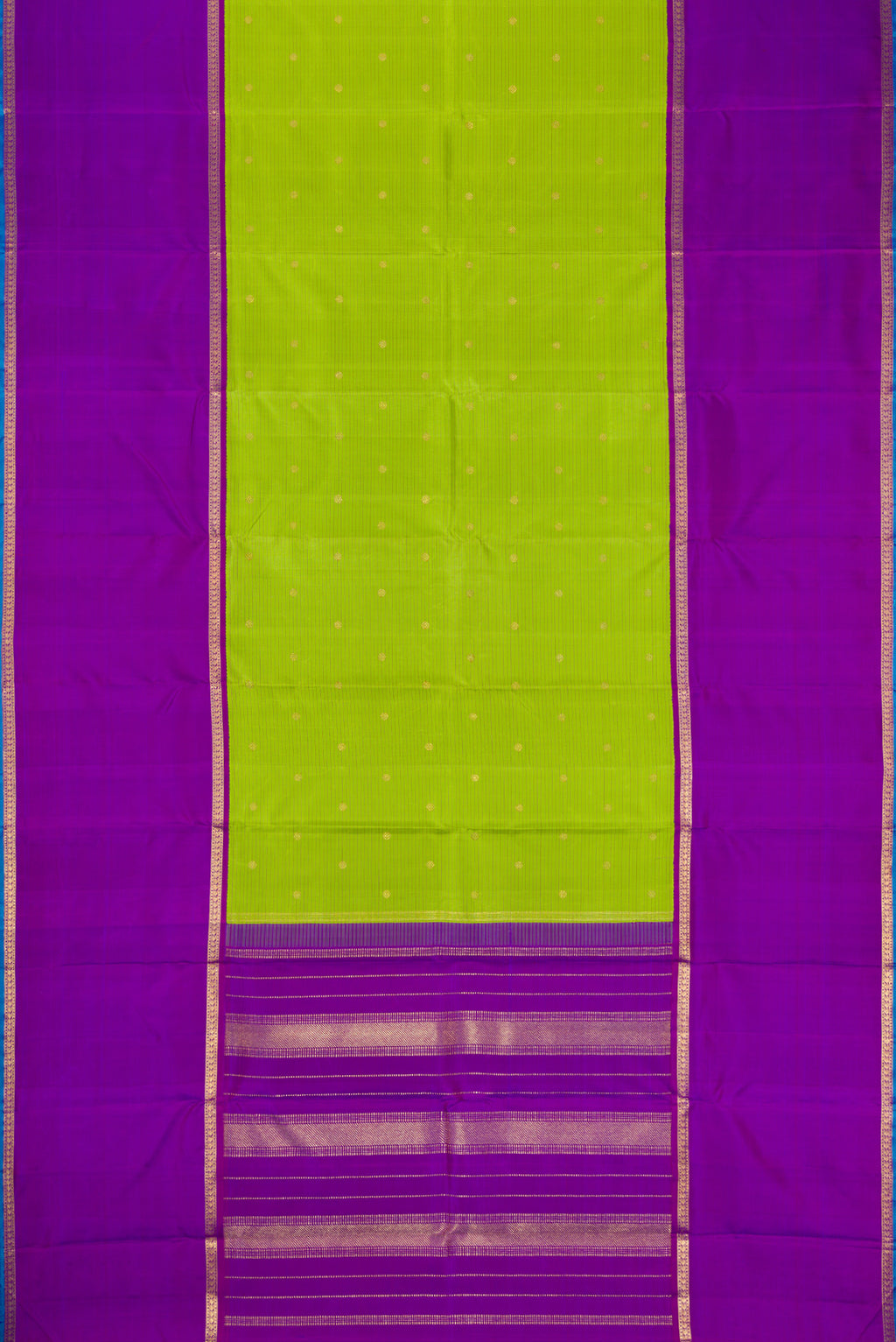 Flat view of Pure Silk Pure Zari Parrot Green Dual Tone Kanchipuram Saree with Stripes on the body and Zari Border. 