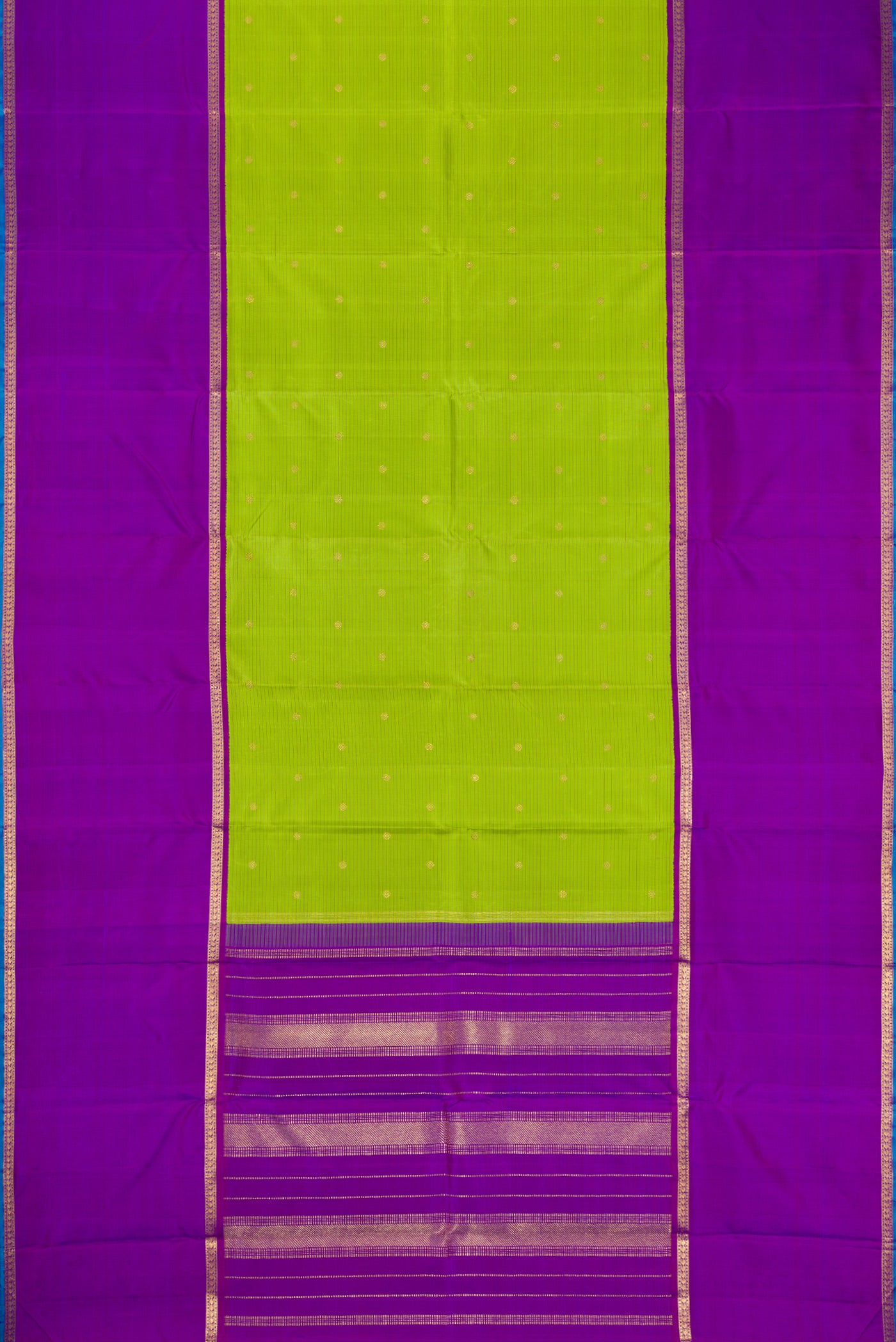 Flat view of Pure Silk Pure Zari Parrot Green Dual Tone Kanchipuram Saree with Stripes on the body and Zari Border. 
