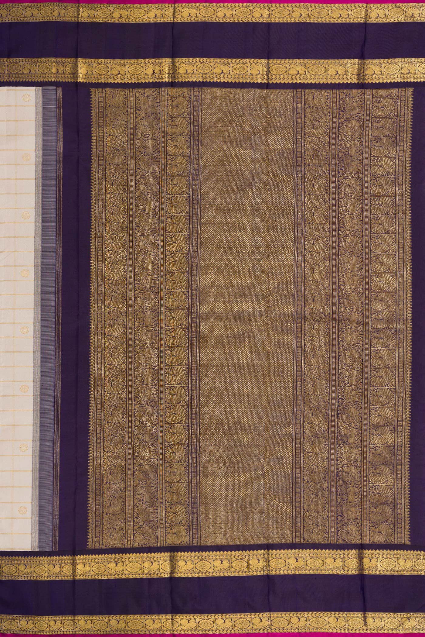 Close up image of the pallu of Pure Silk Pure Zari Off White Dual Tone Kanjivaram Saree with Checked design on the body and Zari Border. 