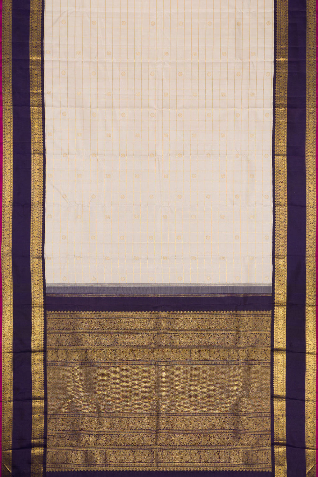 Flat view of Pure Silk Pure Zari Off White Dual Tone Kanjivaram Saree with Checked design on the body and Zari Border. 