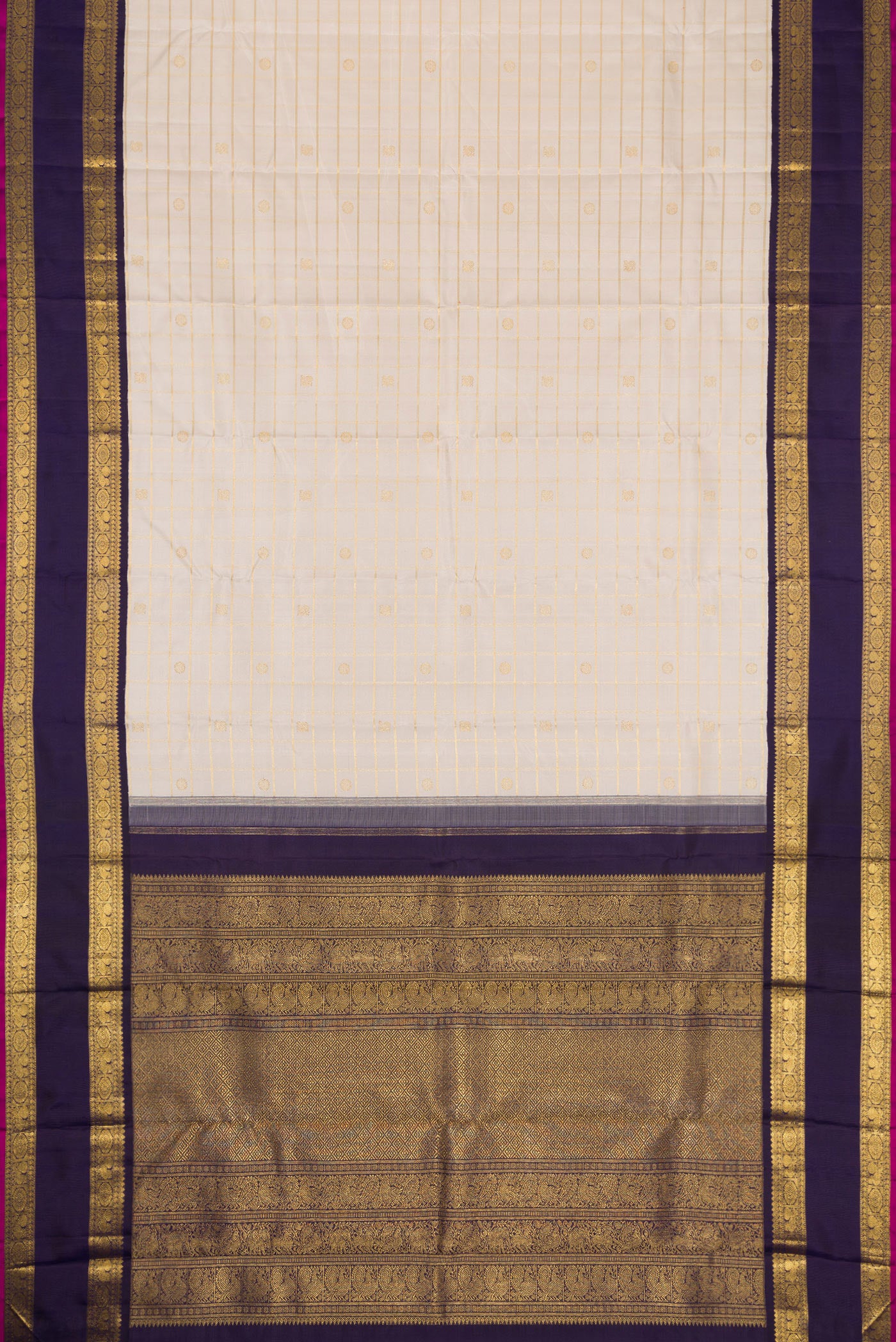 Flat view of Pure Silk Pure Zari Off White Dual Tone Kanjivaram Saree with Checked design on the body and Zari Border. 