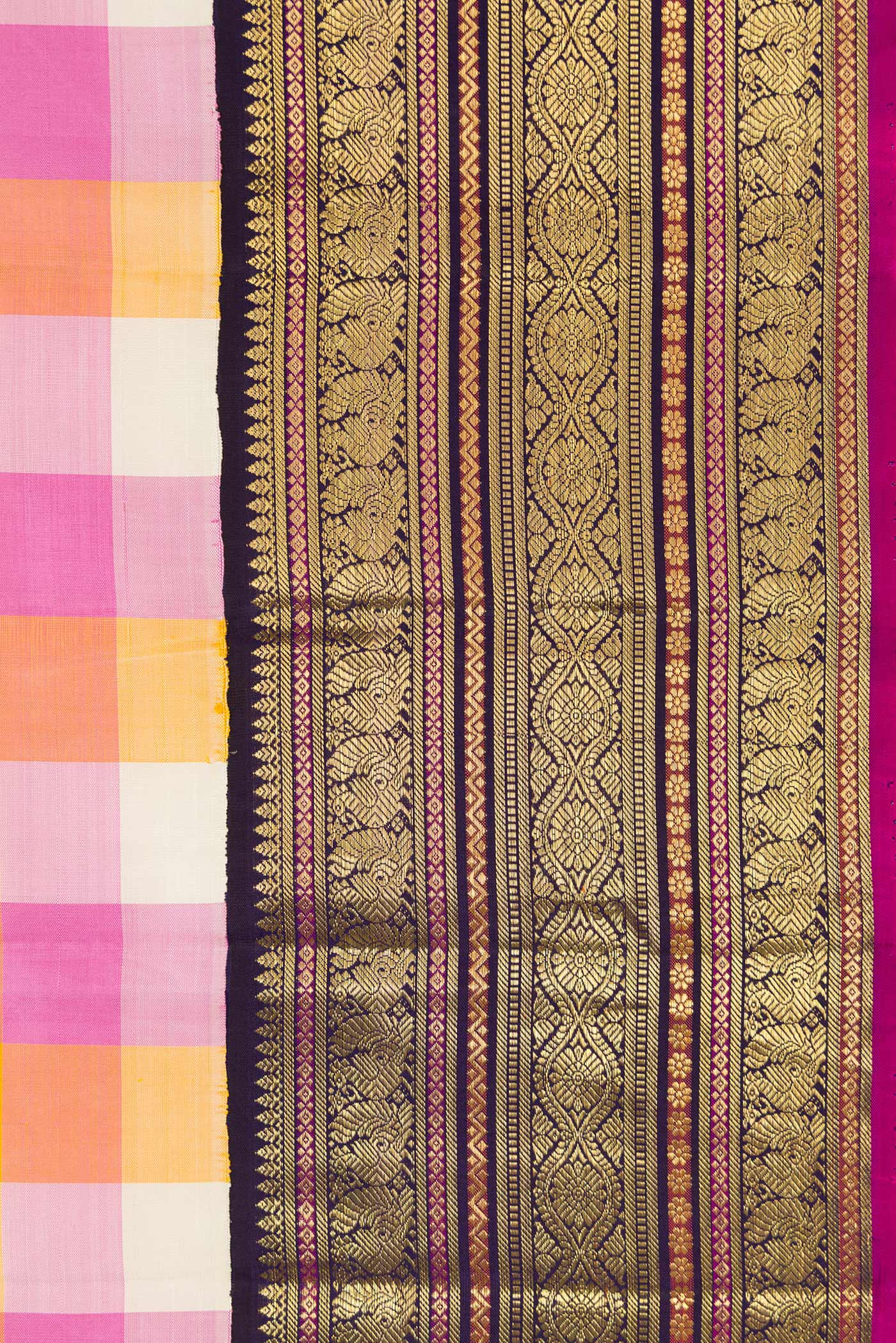 Border image of Pure Silk Pure Zari Mustard, Pink and Off White Color Kanjivaram Saree with Checked design on the body and Zari Border. 