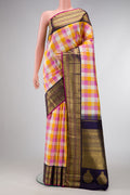 Pure Silk Pure Zari Mustard, Pink and Off White Color Kanjivaram Saree with Checked design on the body and Zari Border.  displayed on a mannequin