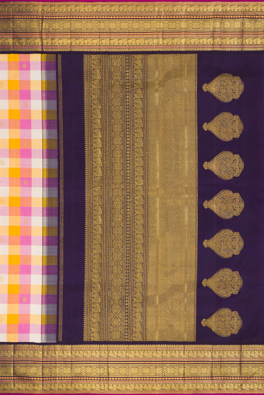 Close up image of the pallu of Pure Silk Pure Zari Mustard, Pink and Off White Color Kanjivaram Saree with Checked design on the body and Zari Border. 