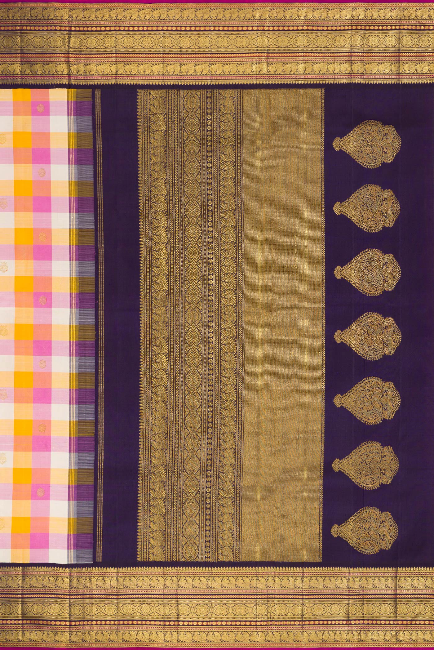 Close up image of the pallu of Pure Silk Pure Zari Mustard, Pink and Off White Color Kanjivaram Saree with Checked design on the body and Zari Border. 