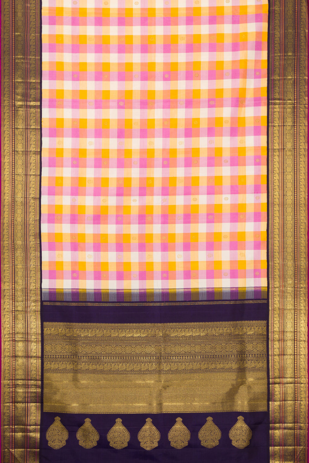 Flat view of Pure Silk Pure Zari Mustard, Pink and Off White Color Kanjivaram Saree with Checked design on the body and Zari Border. 
