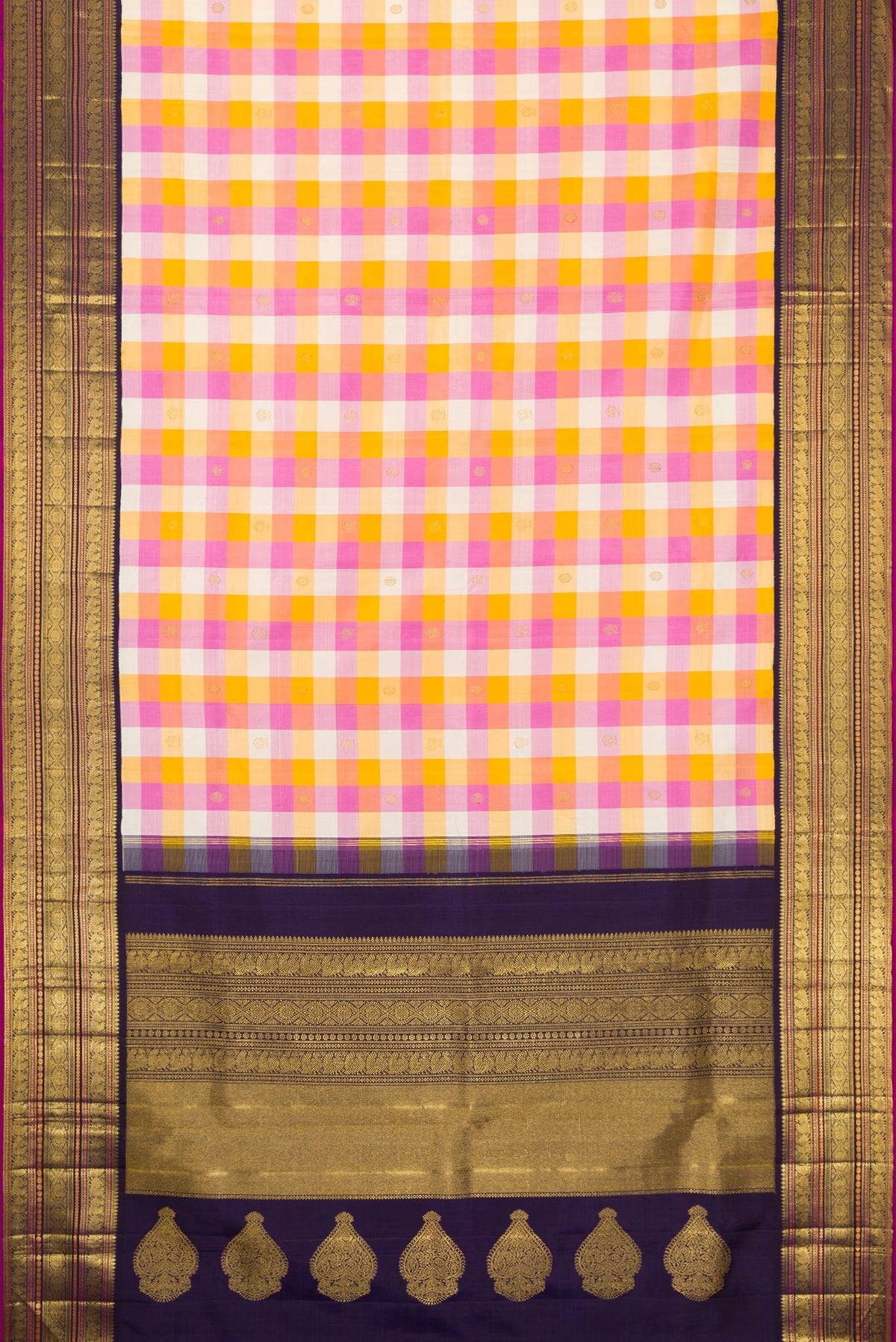 Flat view of Pure Silk Pure Zari Mustard, Pink and Off White Color Kanjivaram Saree with Checked design on the body and Zari Border. 