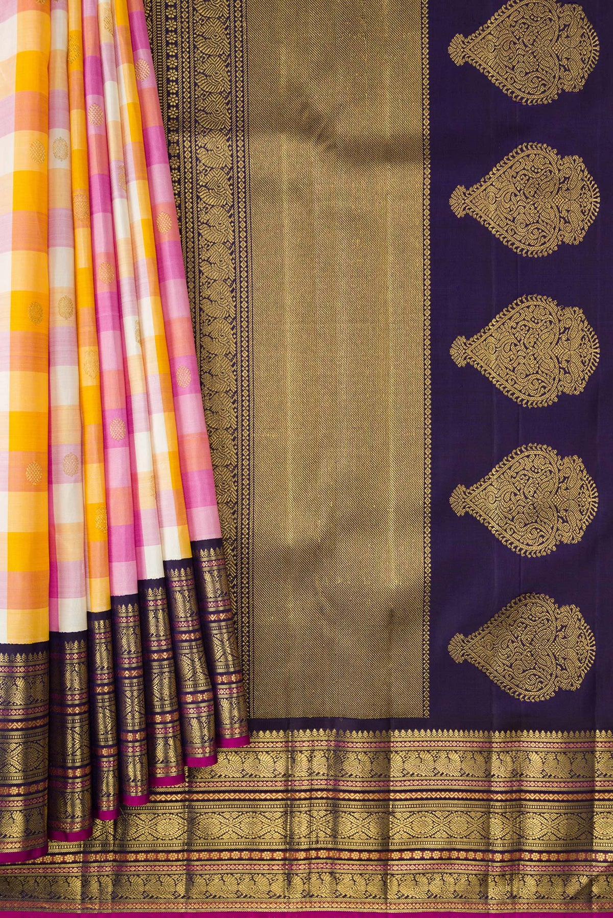 Pleats and pallu of Pure Silk Pure Zari Mustard, Pink and Off White Color Kanjivaram Saree with Checked design on the body and Zari Border. 