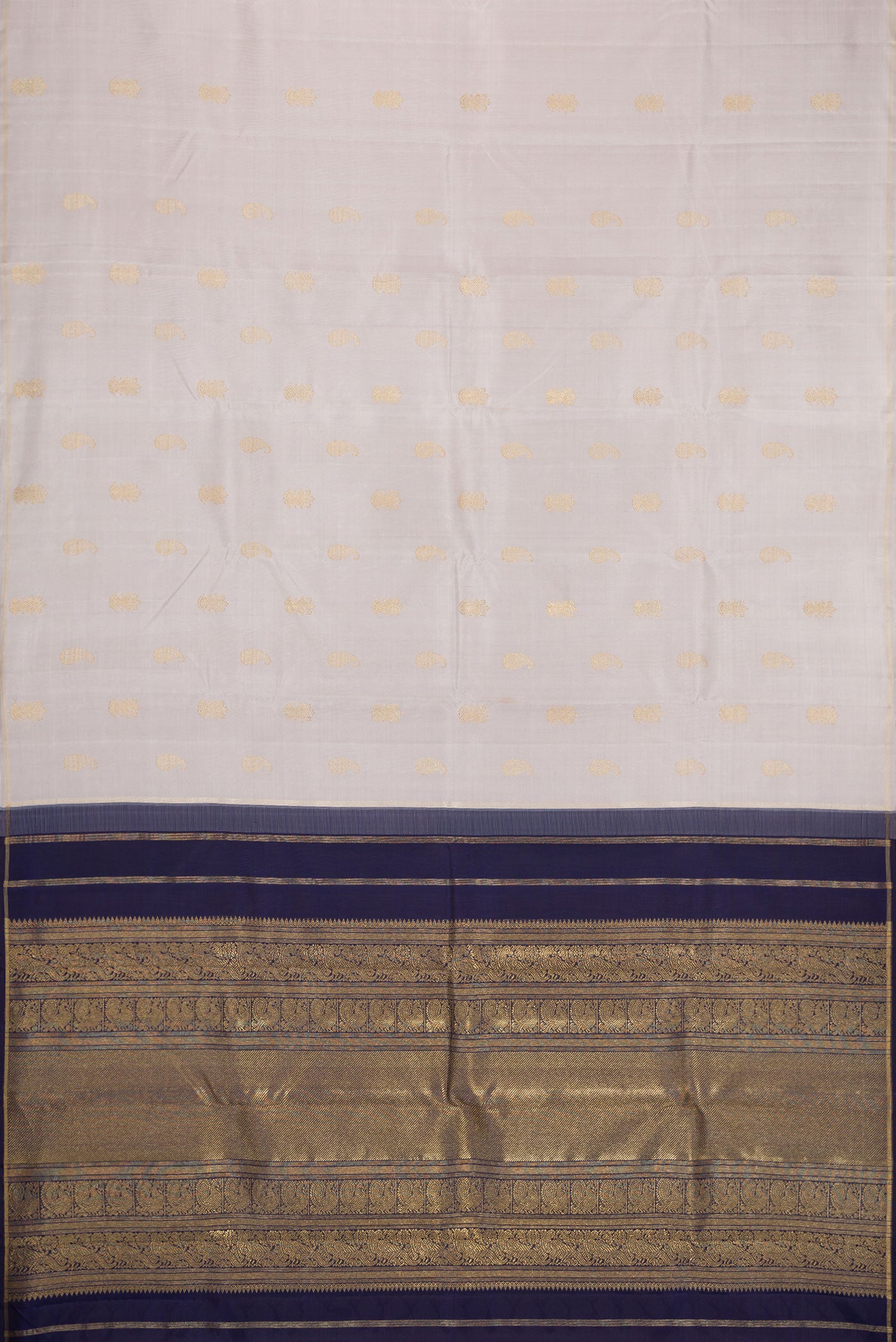 Flat view of Pure Silk Pure Zari Grey Kanchipuram Saree with Zari Butta on the body and Thin Zari Line. 