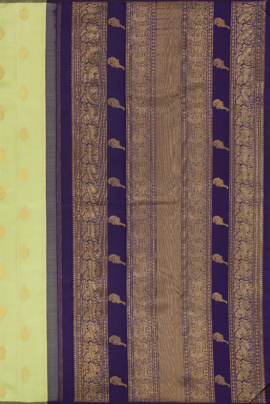 Close up image of the pallu of Pure Silk Pure Zari Pista Green Dual Tone Kanchipuram Saree with Zari Butta on the body and Without Border. 