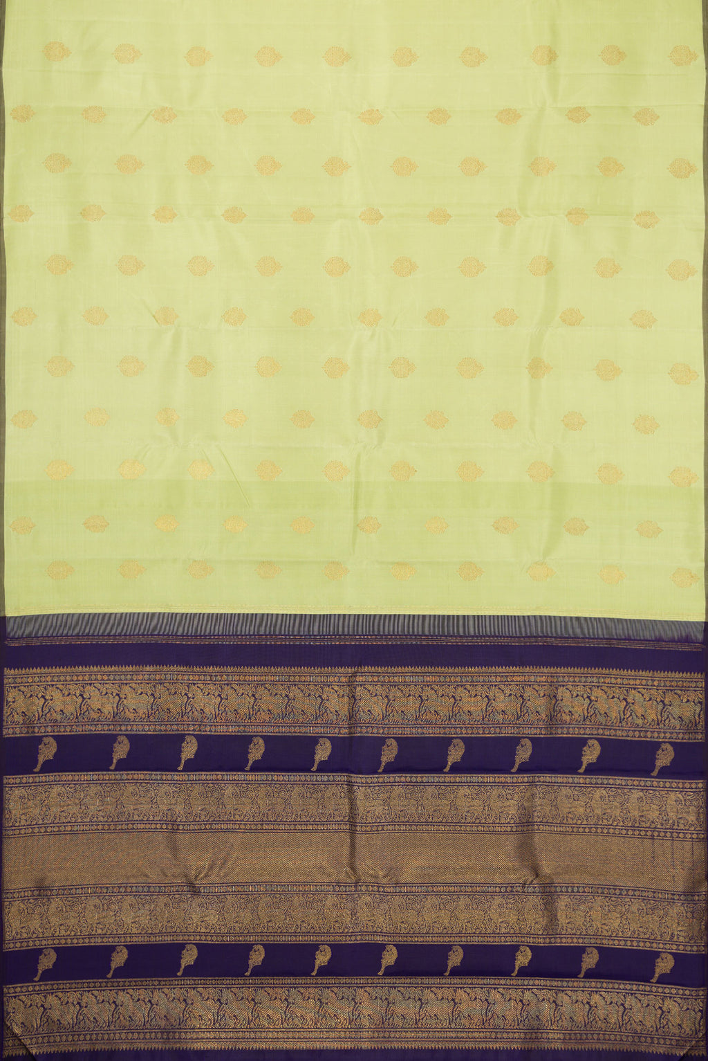 Flat view of Pure Silk Pure Zari Pista Green Dual Tone Kanchipuram Saree with Zari Butta on the body and Without Border. 