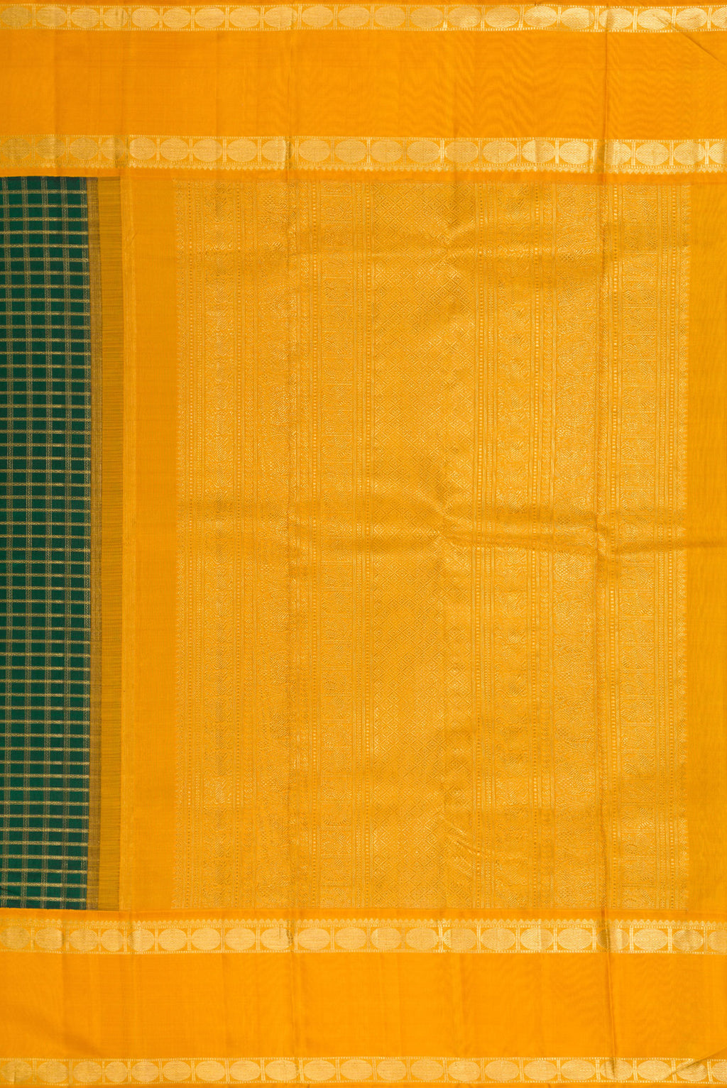 Close up image of the pallu of Pure Silk Pure Zari Bottle Green Dual Tone Kanjivaram Saree with Zari Brocade on the body and Zari Border. 