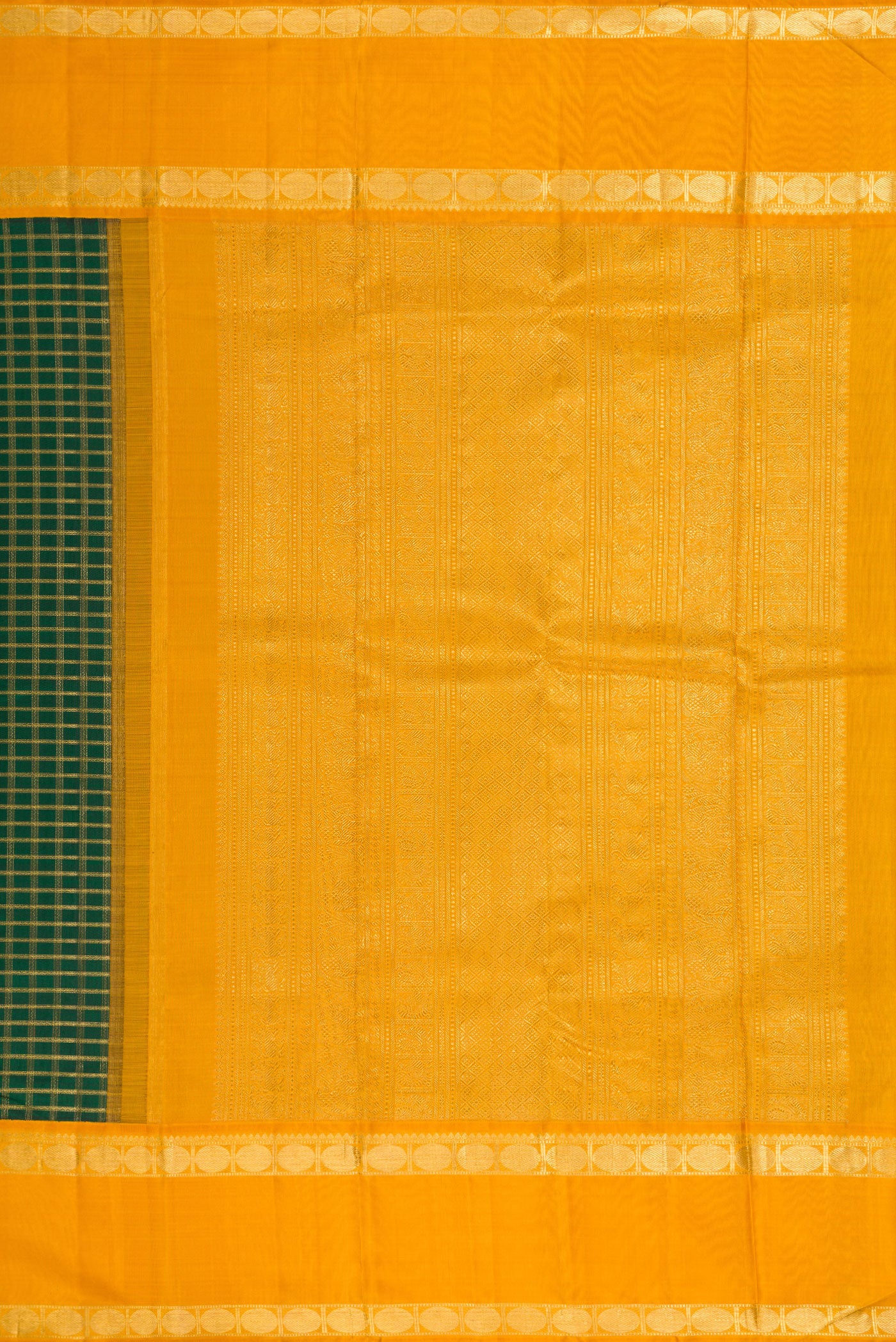 Close up image of the pallu of Pure Silk Pure Zari Bottle Green Dual Tone Kanjivaram Saree with Zari Brocade on the body and Zari Border. 