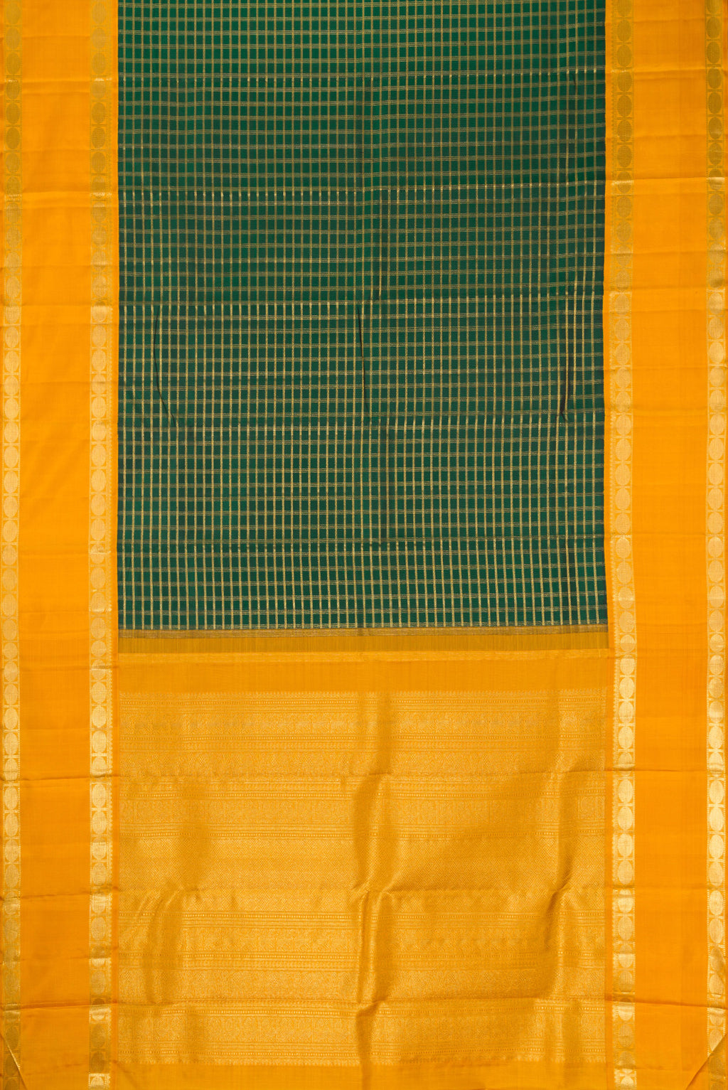Flat view of Pure Silk Pure Zari Bottle Green Dual Tone Kanjivaram Saree with Zari Brocade on the body and Zari Border. 