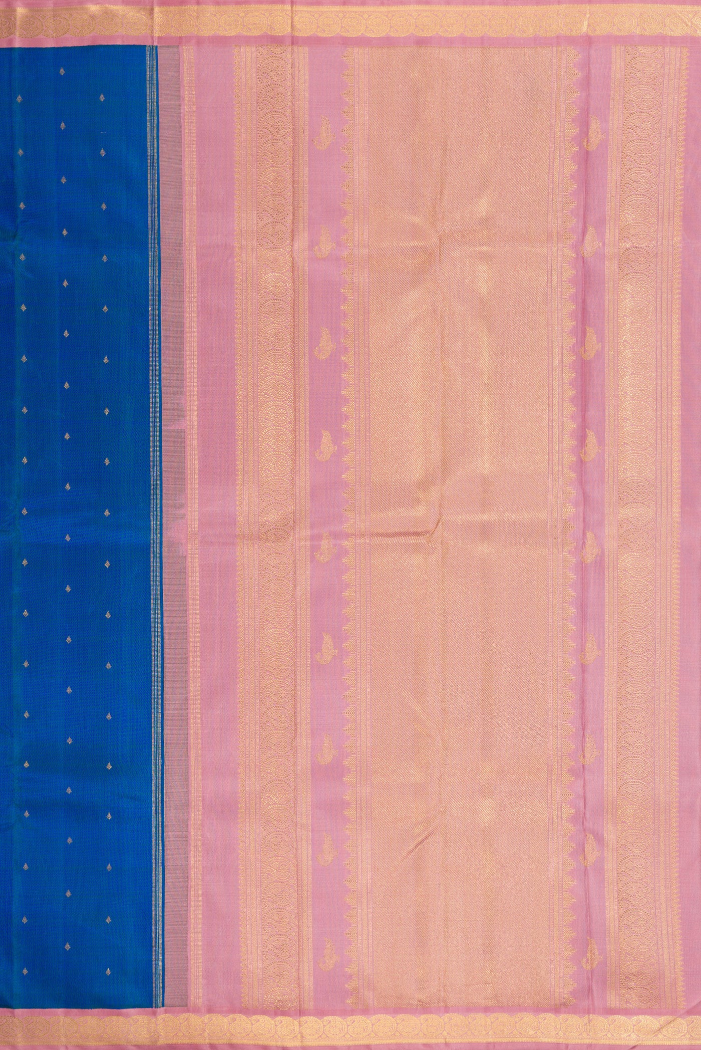 Close up image of the pallu of Pure Silk Pure Zari Peacock Blue Dual Tone Kanjivaram Saree with Zari Butta on the body and Zari Border. 