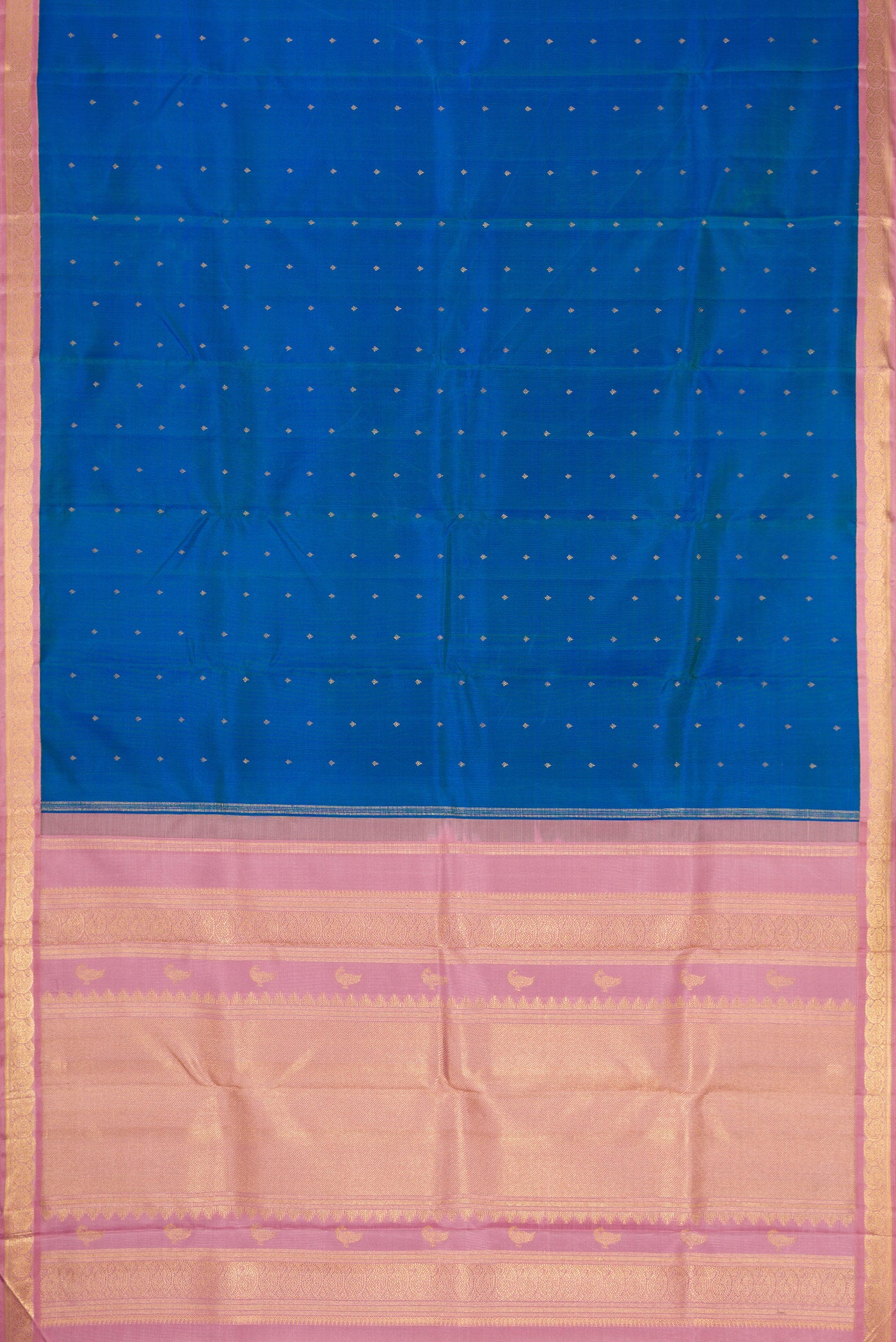 Flat view of Pure Silk Pure Zari Peacock Blue Dual Tone Kanjivaram Saree with Zari Butta on the body and Zari Border. 