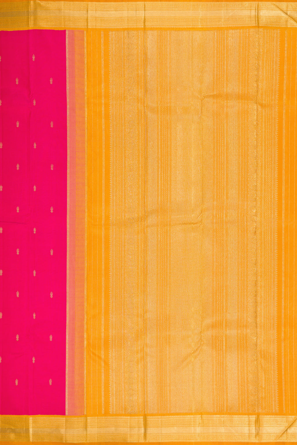 Close up image of the pallu of Pure Silk Pure Zari Pink Dual Tone Kanjivaram Saree with Zari Butta on the body and Zari Border. 