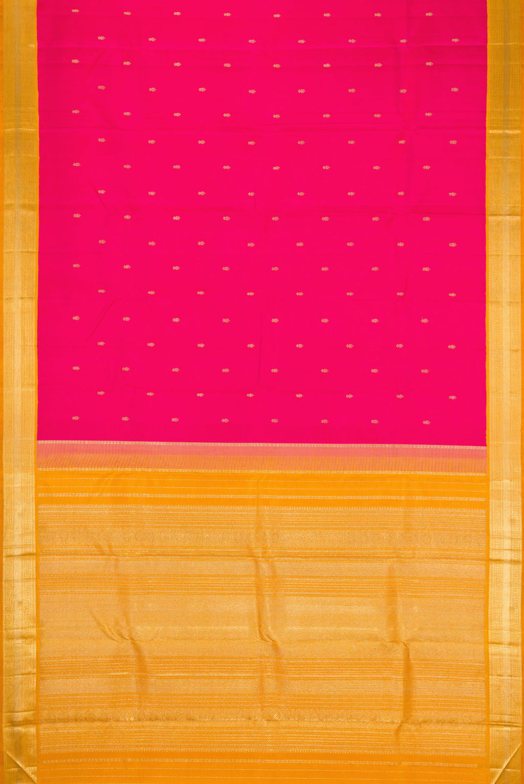 Flat view of Pure Silk Pure Zari Pink Dual Tone Kanjivaram Saree with Zari Butta on the body and Zari Border. 