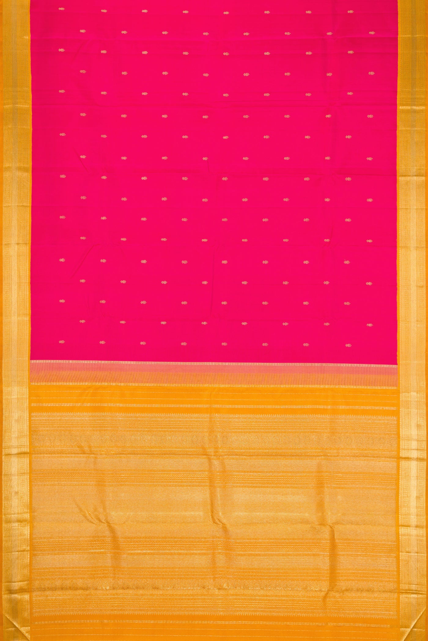Flat view of Pure Silk Pure Zari Pink Dual Tone Kanjivaram Saree with Zari Butta on the body and Zari Border. 