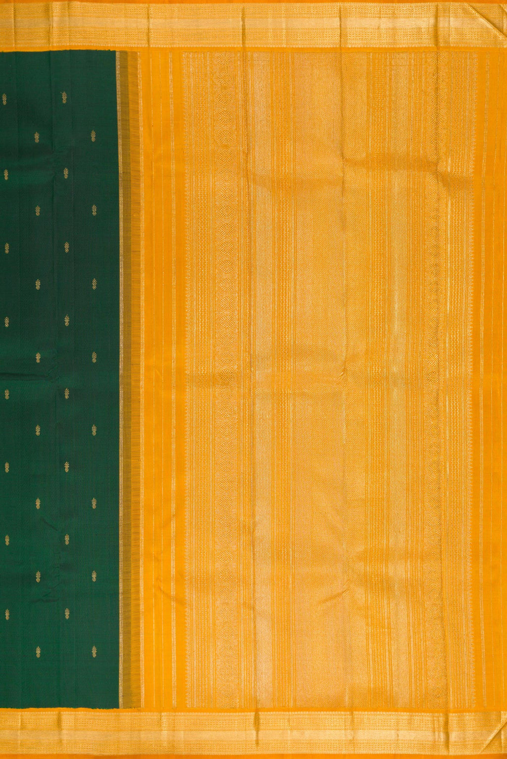 Close up image of the pallu of Pure Silk Pure Zari Bottle Green Kanjivaram Saree with Zari Butta on the body and Zari Border. 