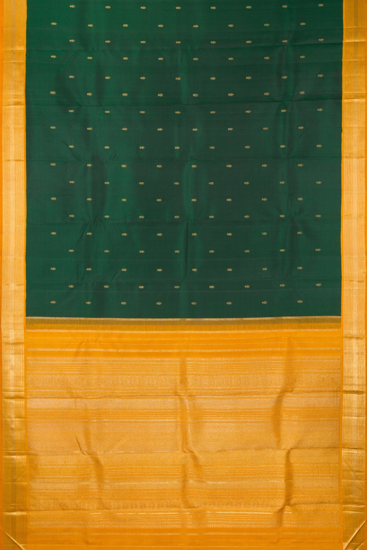 Flat view of Pure Silk Pure Zari Bottle Green Kanjivaram Saree with Zari Butta on the body and Zari Border. 