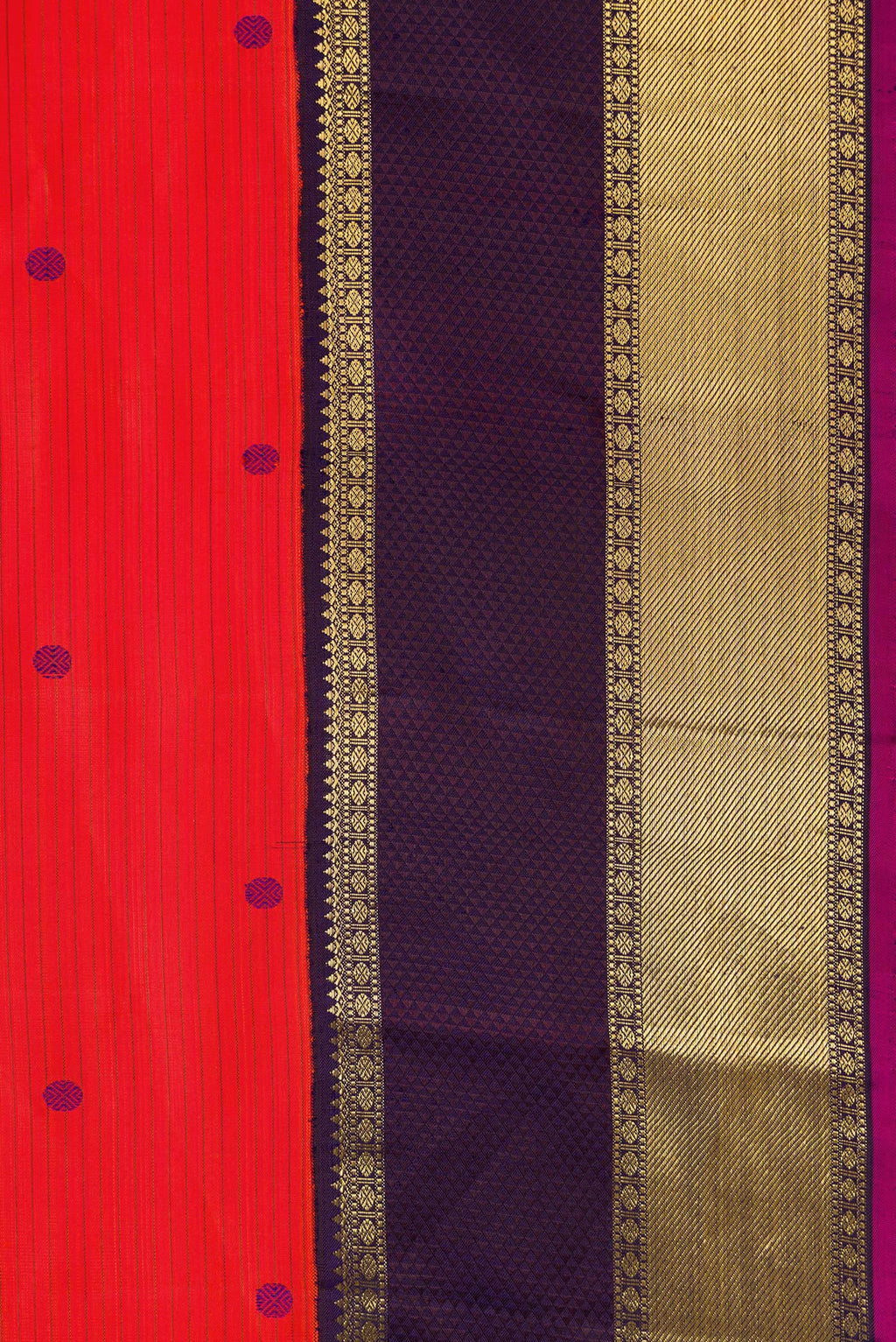 Border image of Pure Silk Pure Zari Orange Dual Tone Kanjivaram Saree with Thread Butta on the body and Zari Border. 
